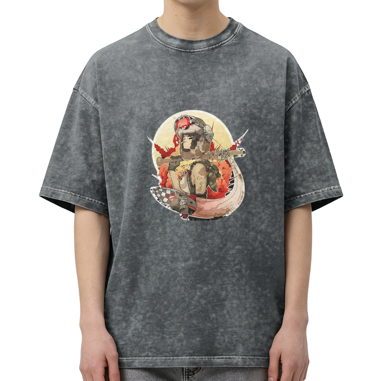 Oversized Acid Wash T-Shirt with Retro Pilot Graphic Print