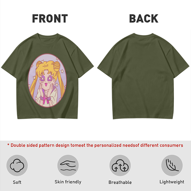 Olive T-shirt with excited anime girl star eyes graphic