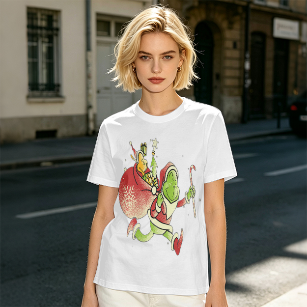 Olive T-shirt with Grinch Santa Christmas Graphic Design