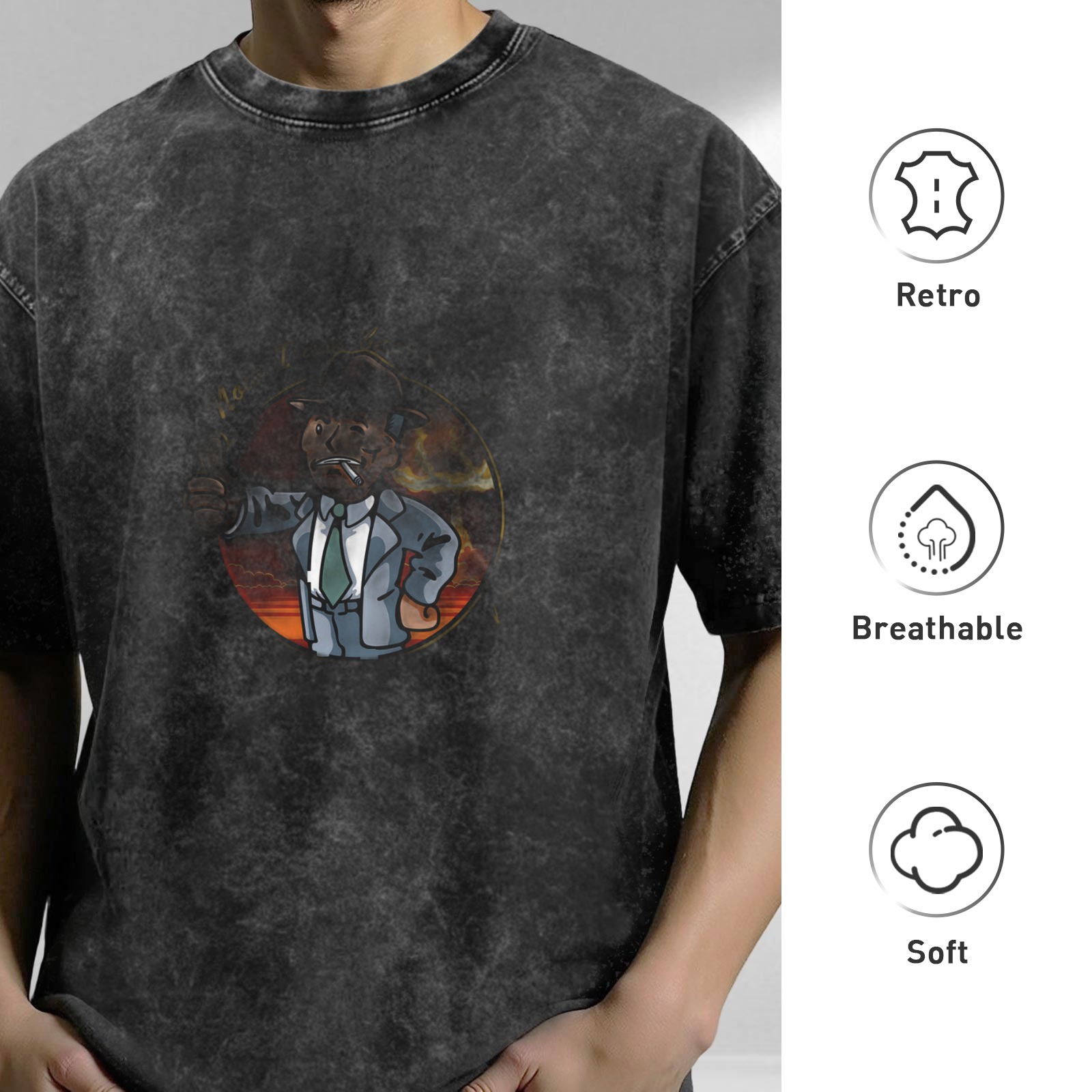 Distressed washed black cartoon print short-sleeved T-shirt Loose casual crew neck top