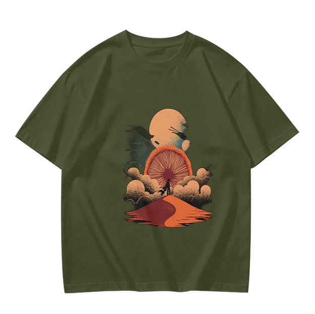 Olive T-Shirt with Surreal Desert Sunset Graphic Print