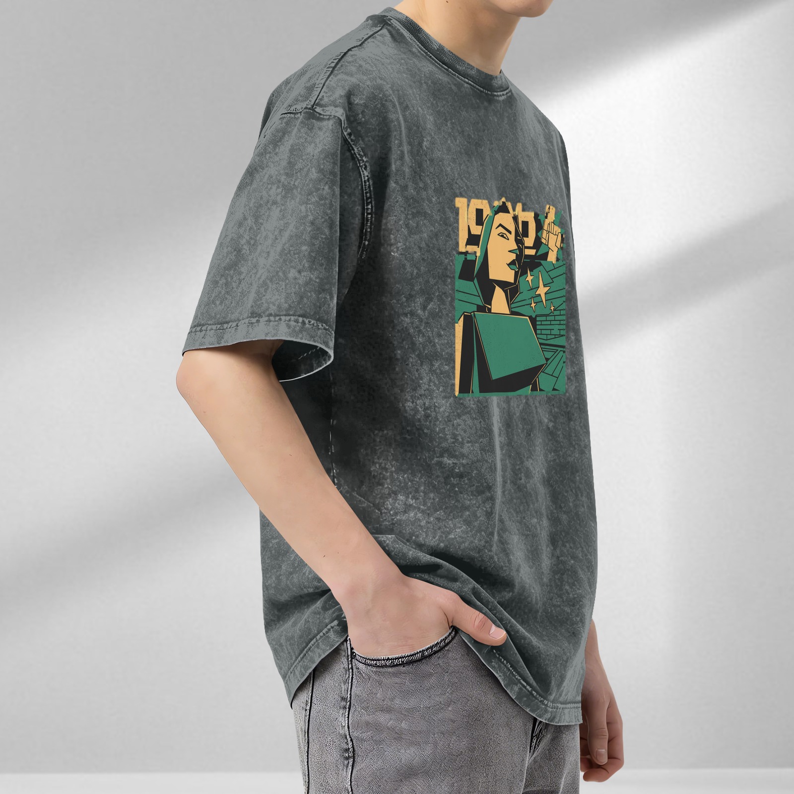 Oversized Acid Wash T-Shirt With Retro Propaganda Style Graphic Print