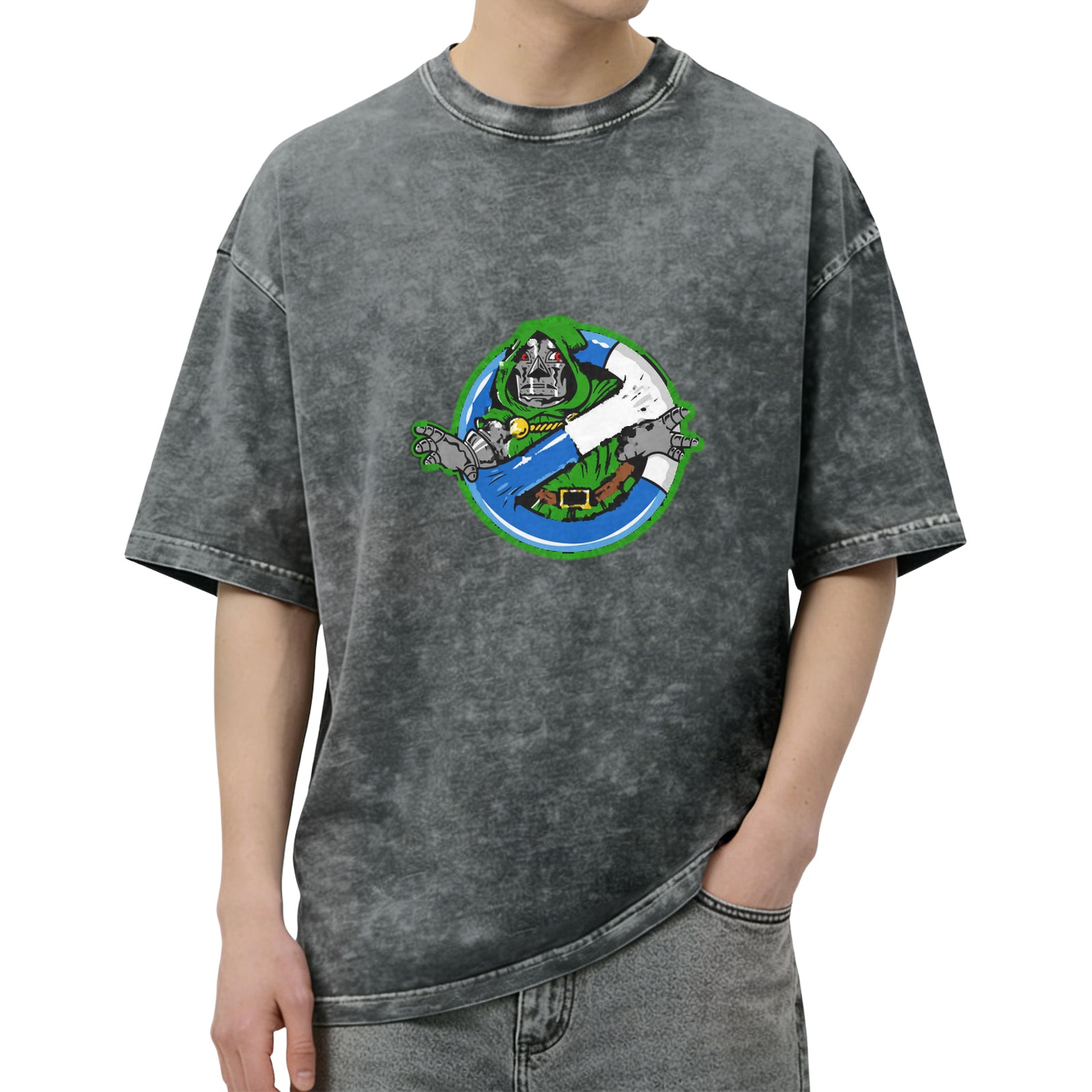 Oversized dark washed graphic tee with Doctor Doom ghostbusters style print