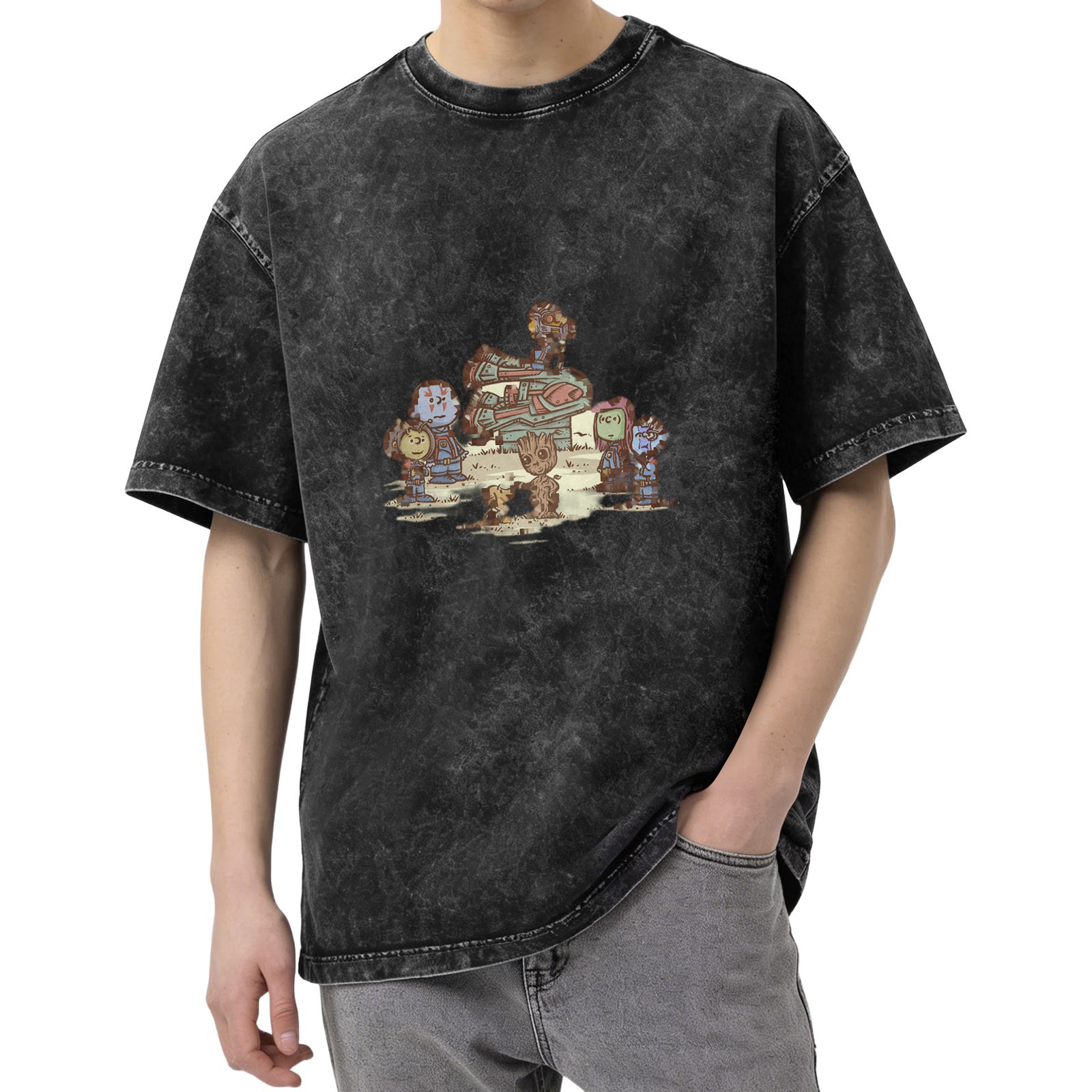 Marvel Guardians of the Galaxy Q version printed distressed washed black loose short-sleeved T-shirt