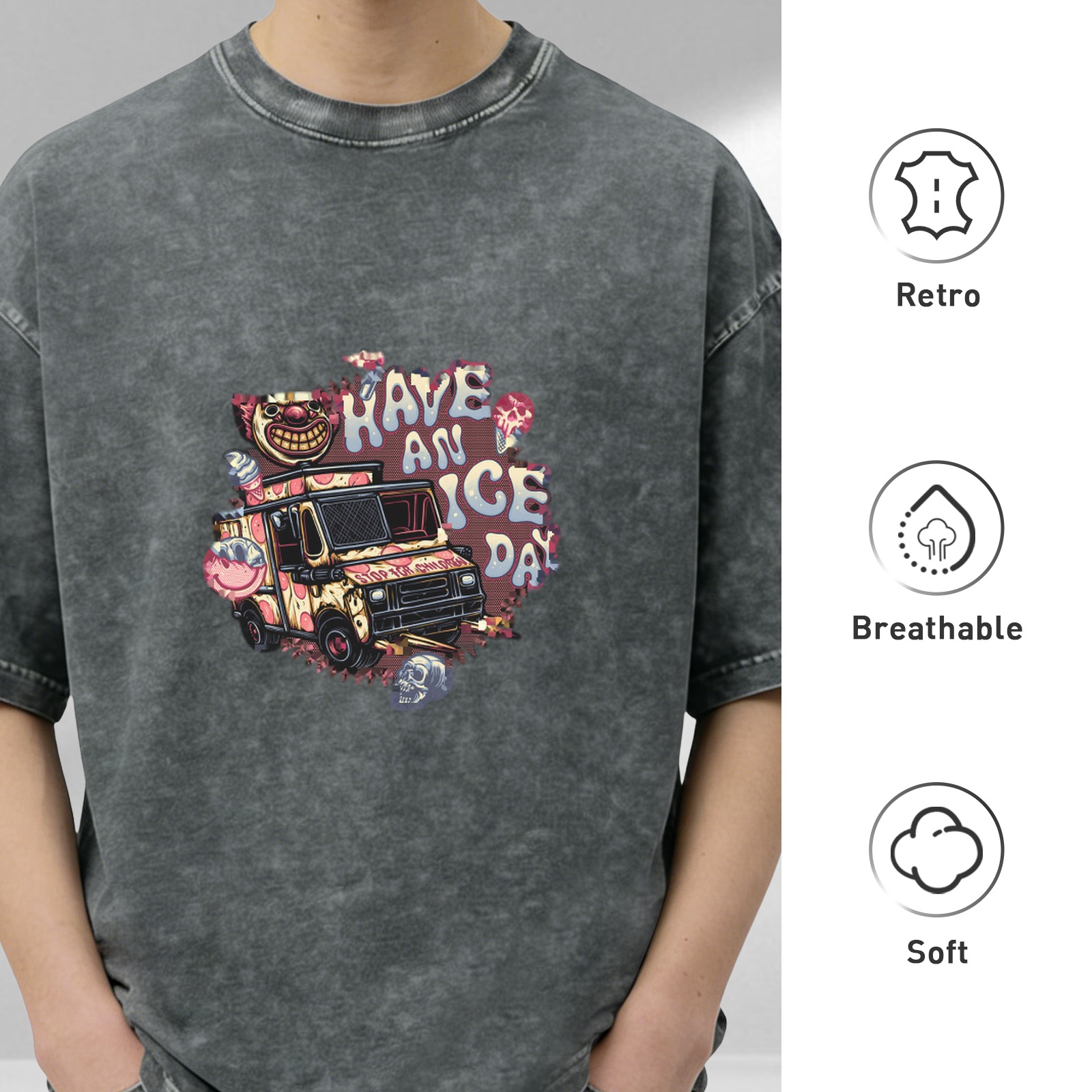 Oversized Acid Wash T-Shirt With Creepy Clown Ice Cream Truck Print