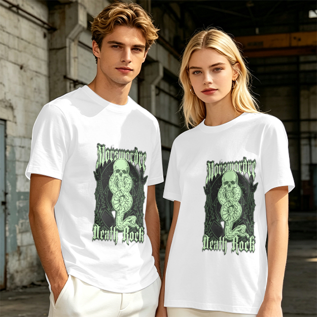 Olive graphic t-shirt with skull snake death rock design