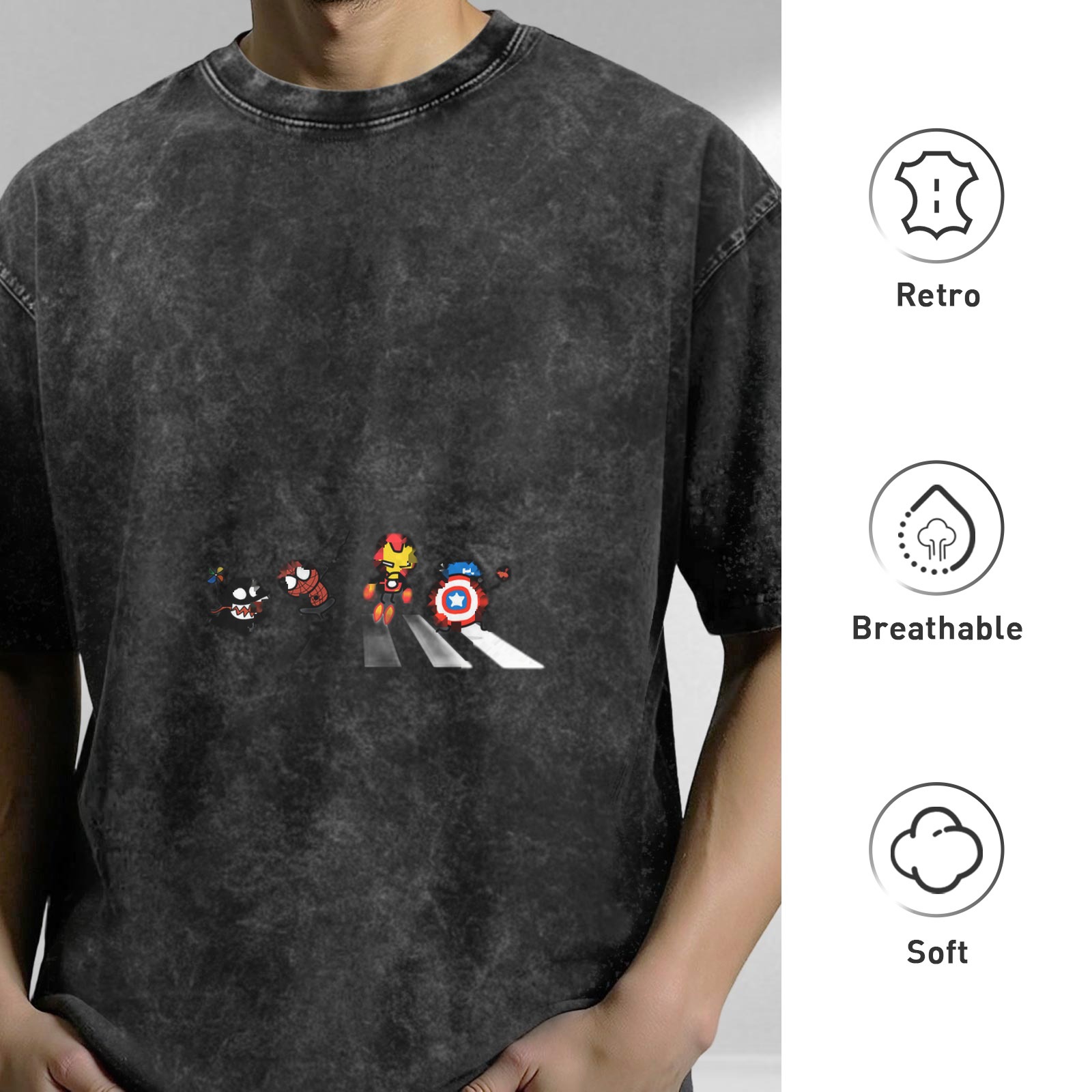 Oversized Dark Wash T-Shirt With Chibi Superheroes Crossing Crosswalk