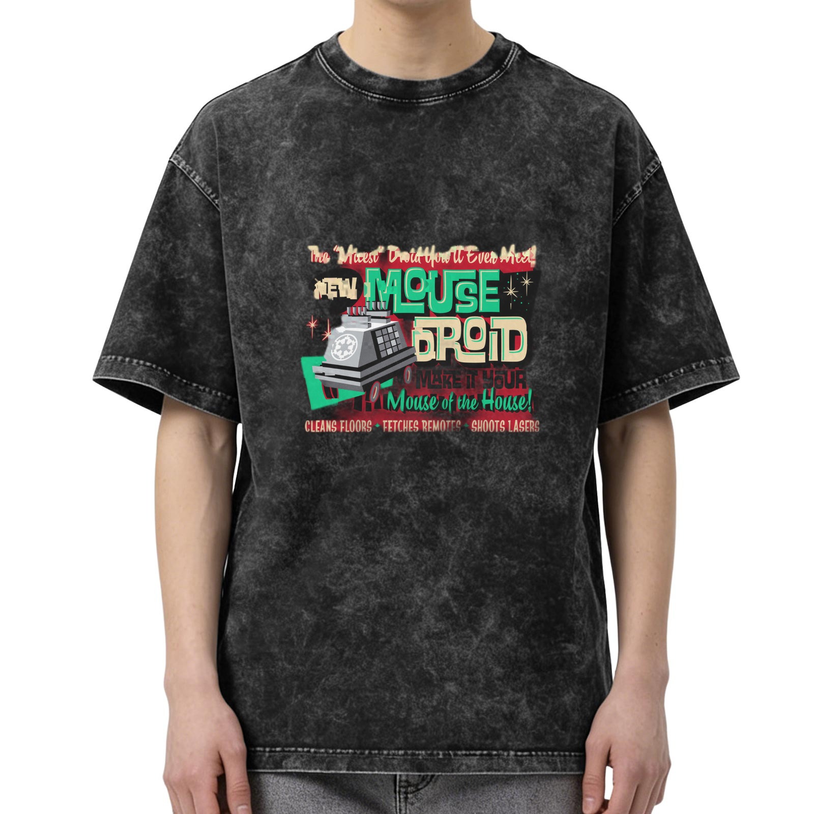 Oversized Acid Wash T-Shirt with Mouse Droid Graphic Design