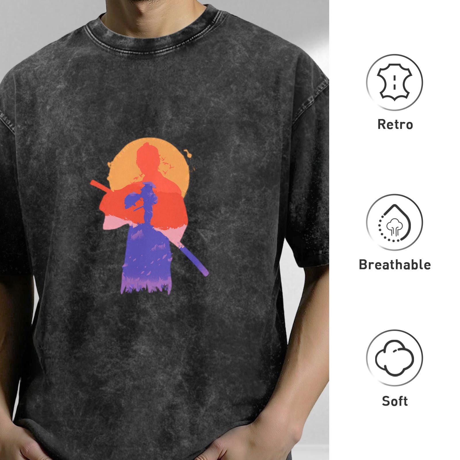 Washed black graphic t-shirt with samurai sunset silhouette print