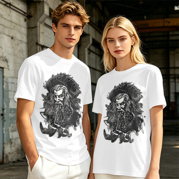 Olive T-Shirt with Wizard Smoking Pipe Fantasy Art Print