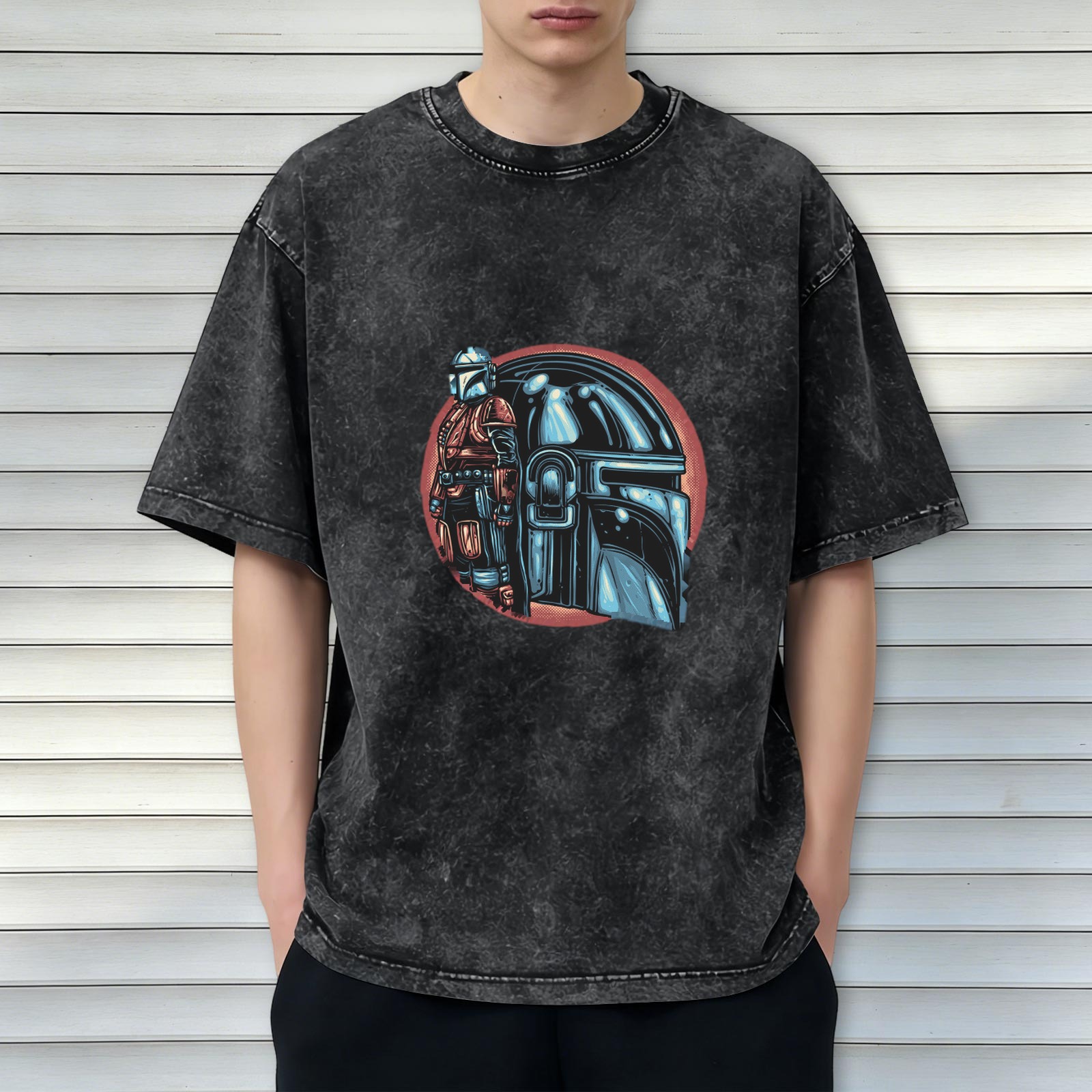 Washed Black T-Shirt With Mandalorian Helmet And Warrior Print