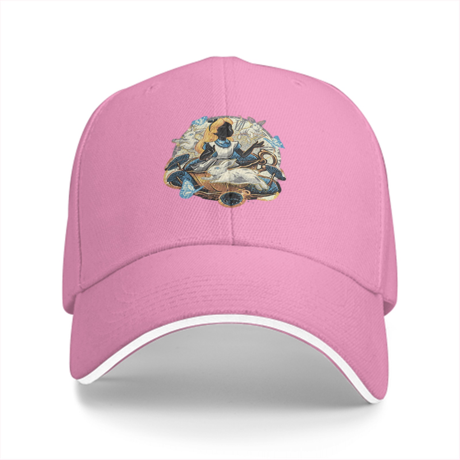 Black baseball cap with Alice in Wonderland themed graphic