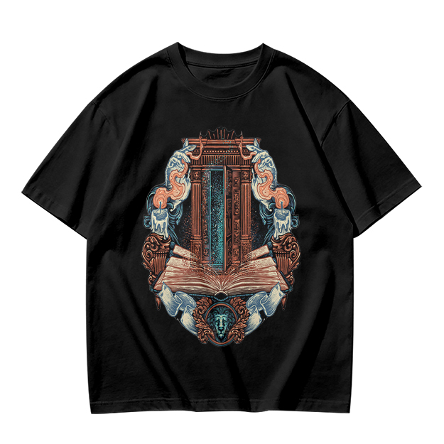 Olive T-Shirt With Ornate Architectural Book Print