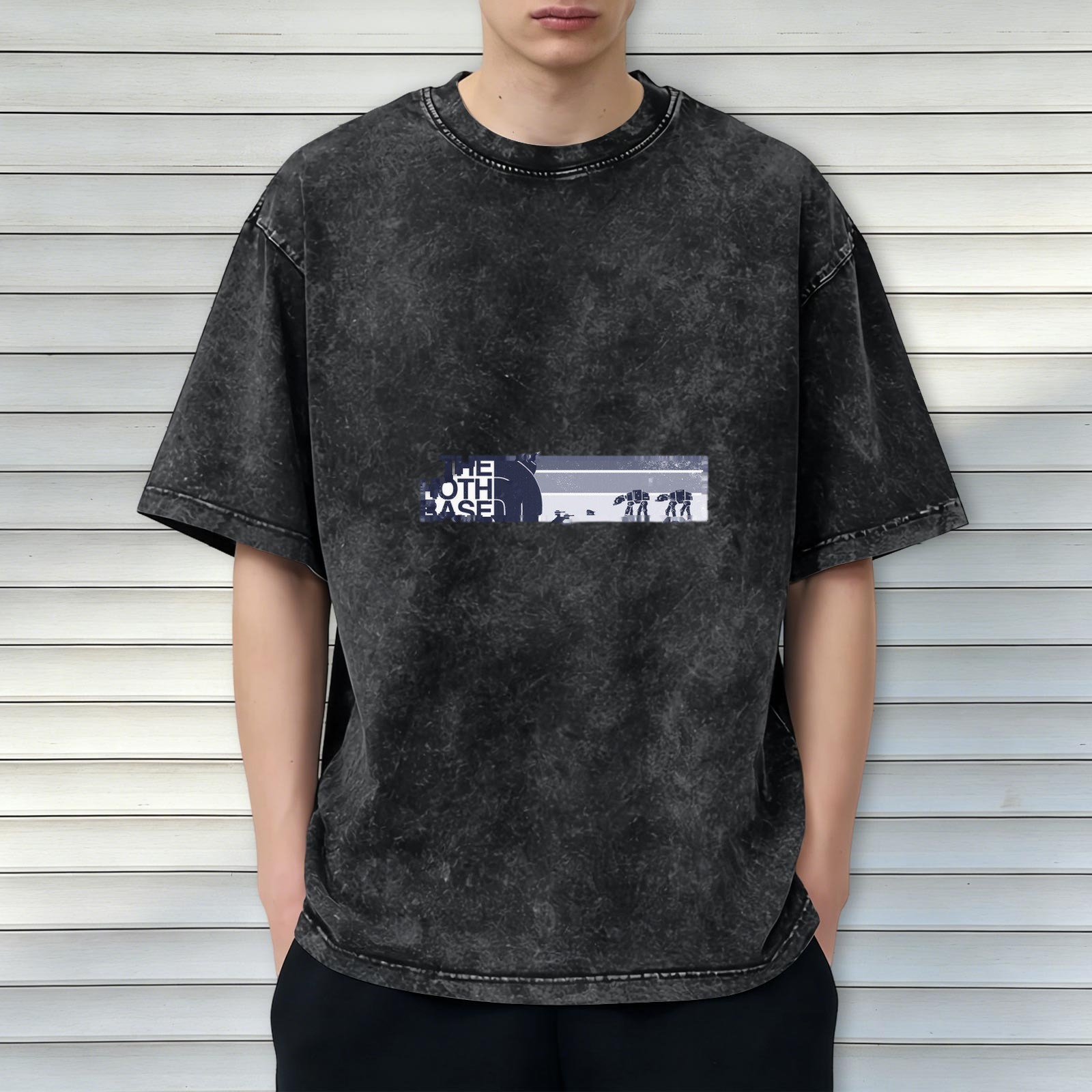 Men's Oversized Acid Wash T-Shirt with 'The Hoth Base' Star Wars Graphic Print, Black Distressed Denim-Look Fabric