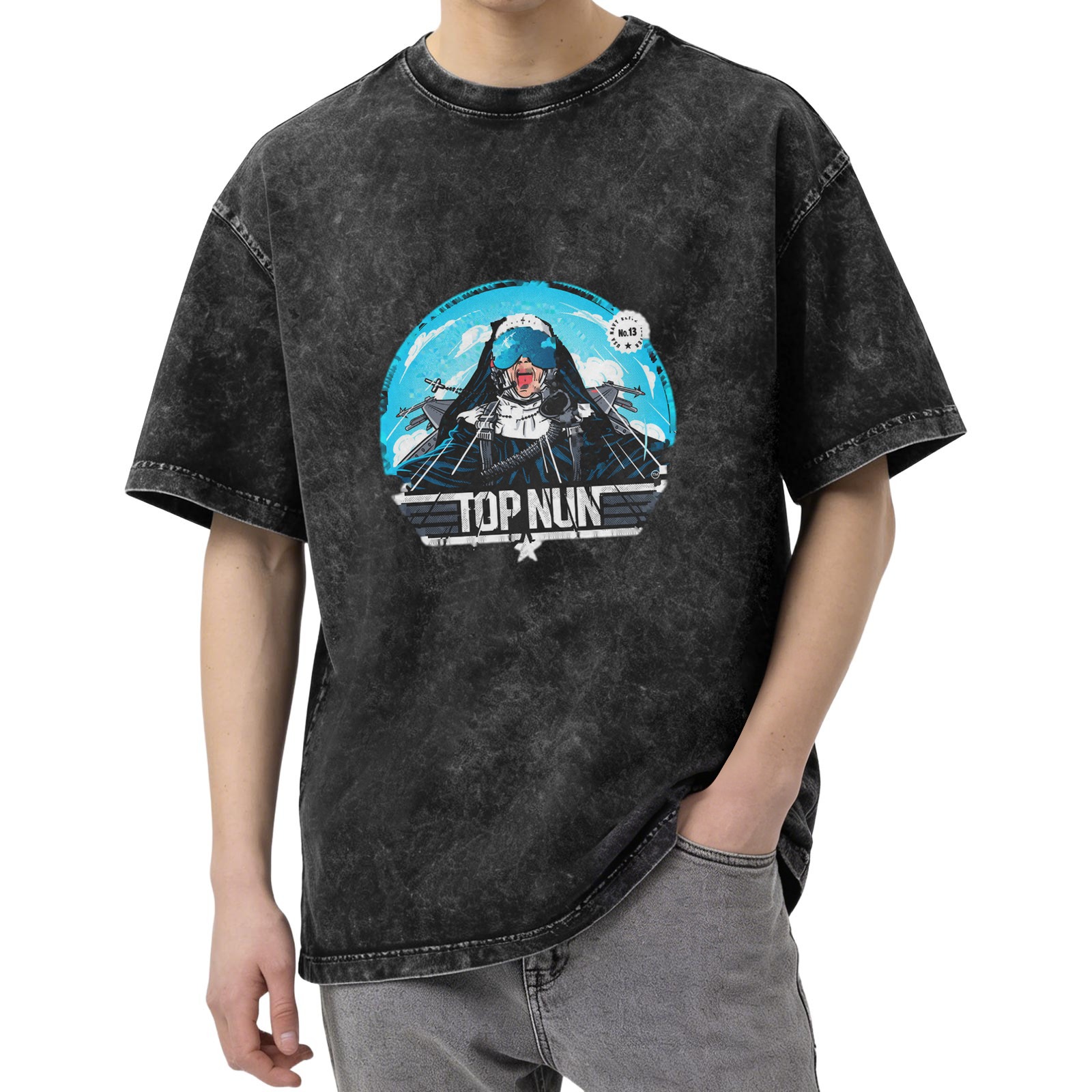 Oversized Dark Wash Graphic Tee With Top Nun Pilot Print