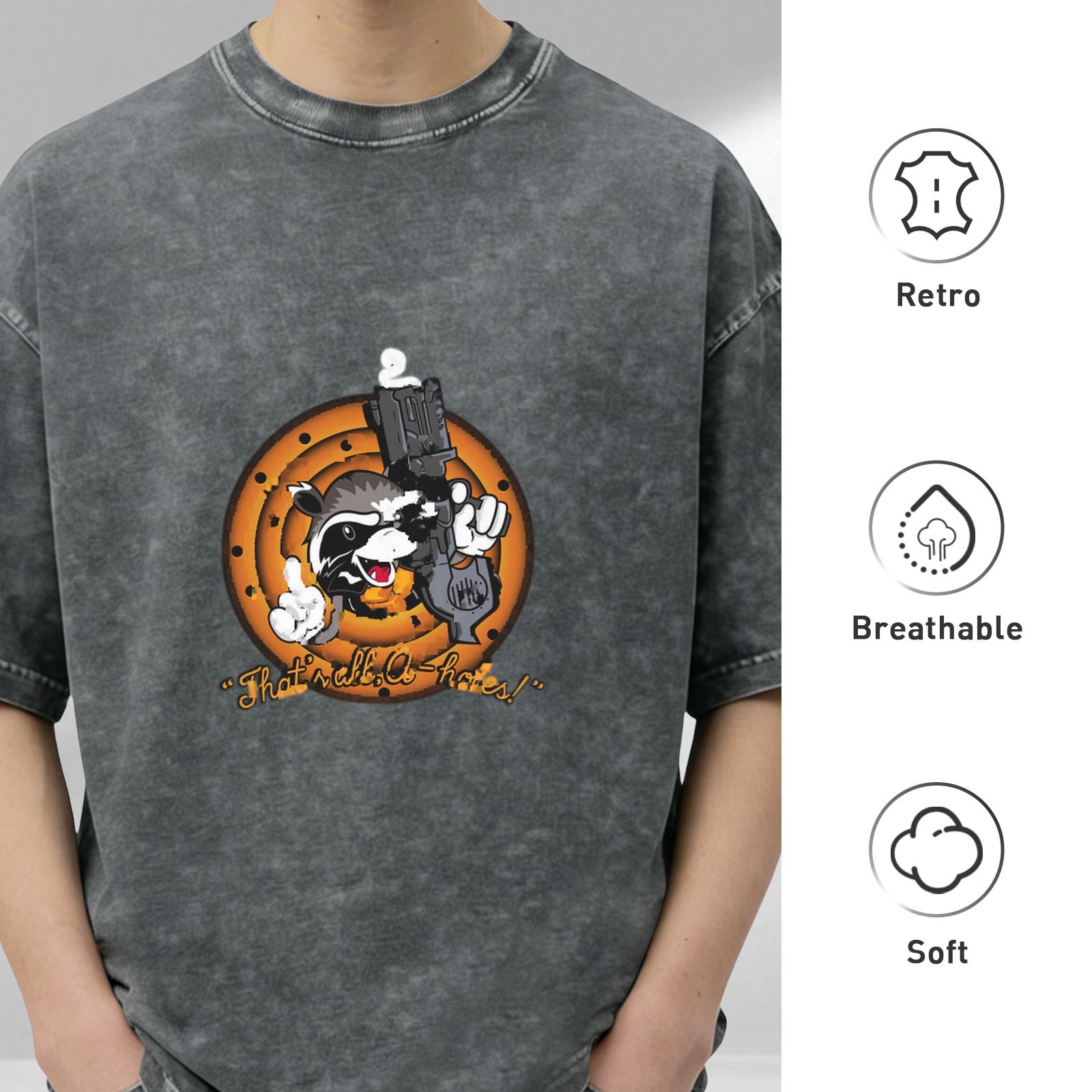 Washed Black Raccoon Gun Graphic T-Shirt With Funny Text