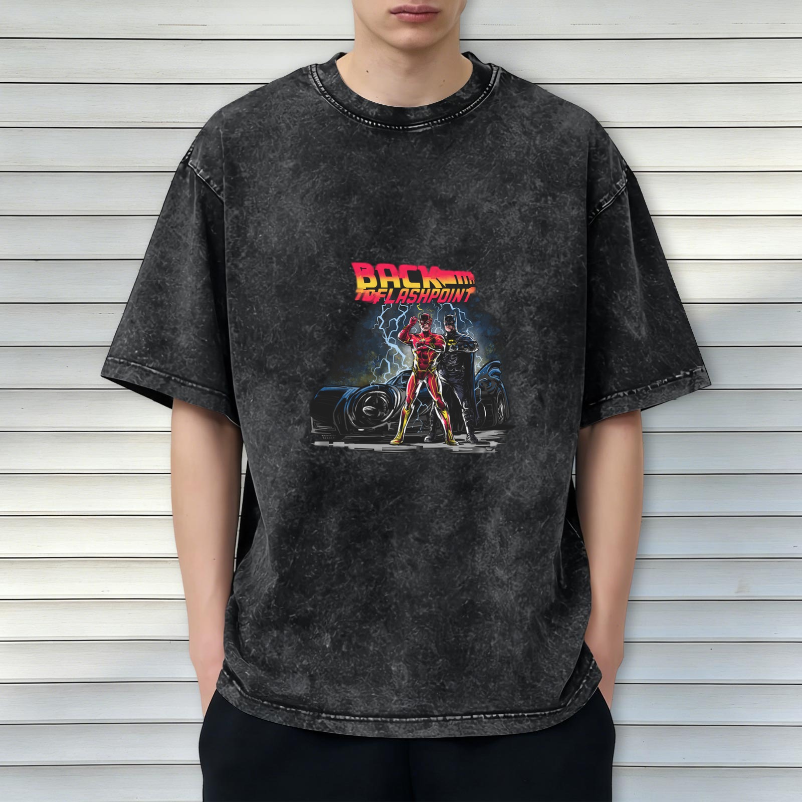 Back To Flashpoint Retro distressed washed black short-sleeved T-shirt Superhero themed printed top