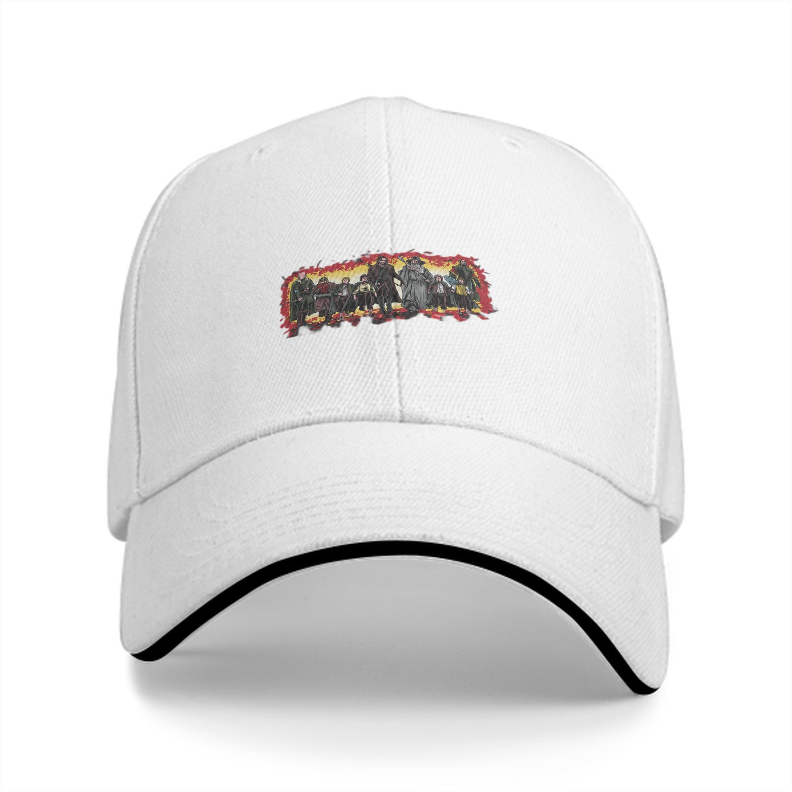 Black baseball cap with fantasy adventure group character print