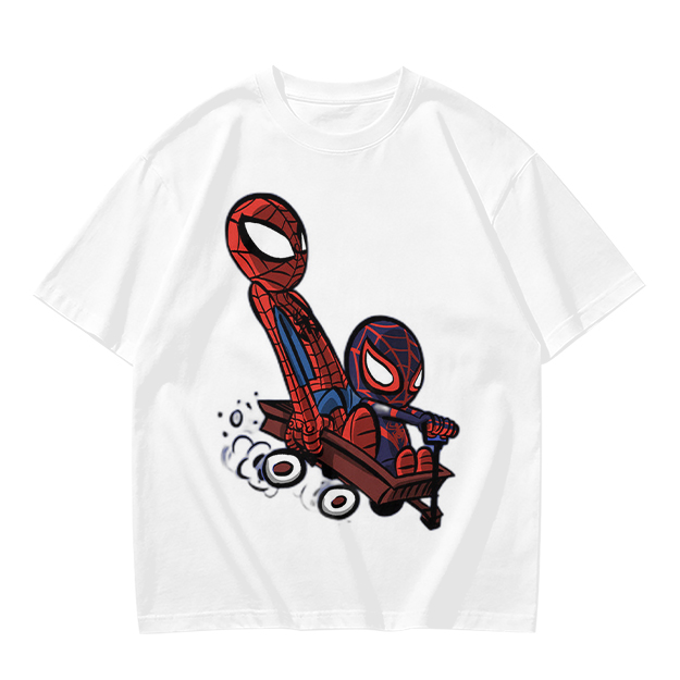 Olive T-shirt with Chibi Spider-Men Riding a Wagon Graphic