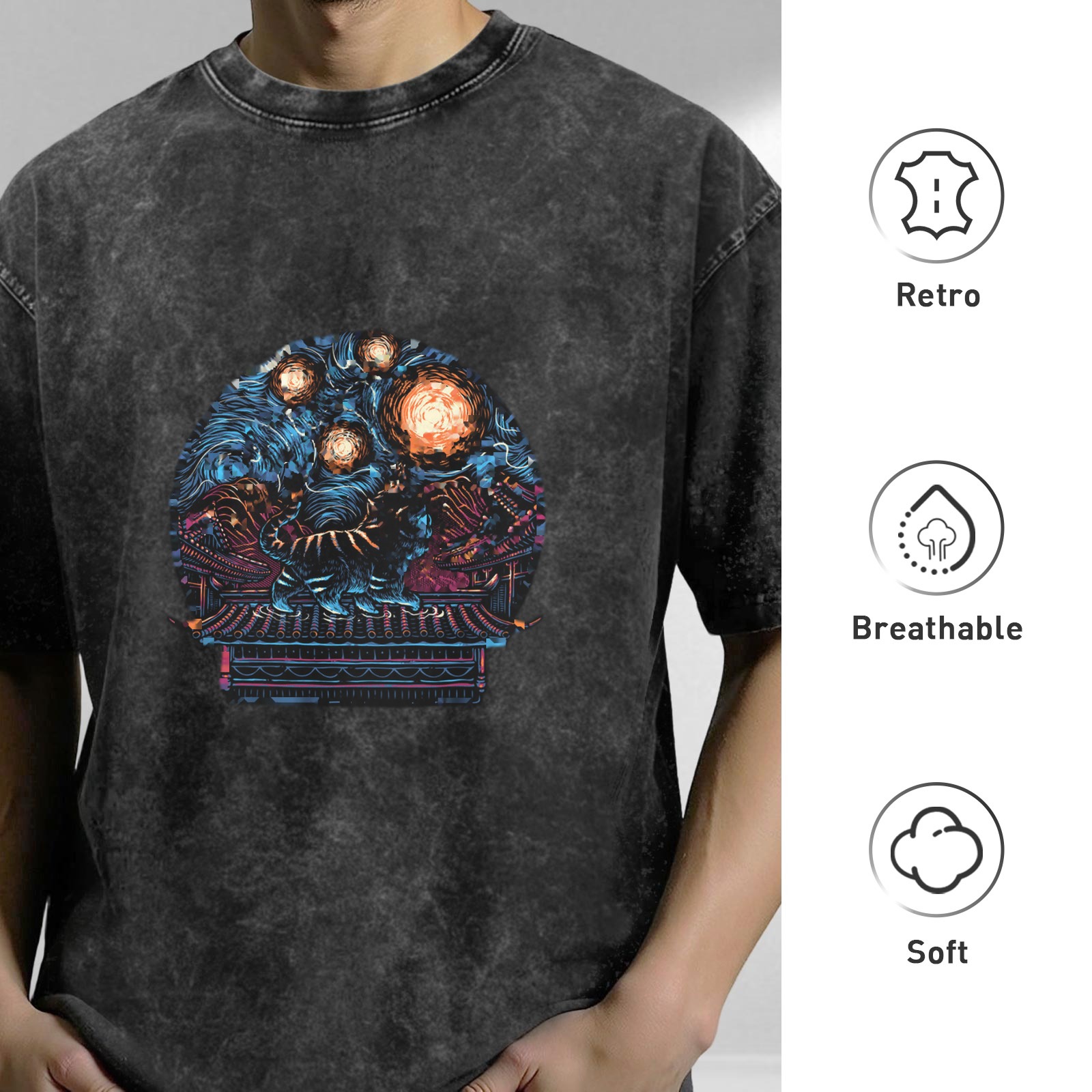 Washed Black Graphic T-Shirt With Mystical Cosmic Art Print
