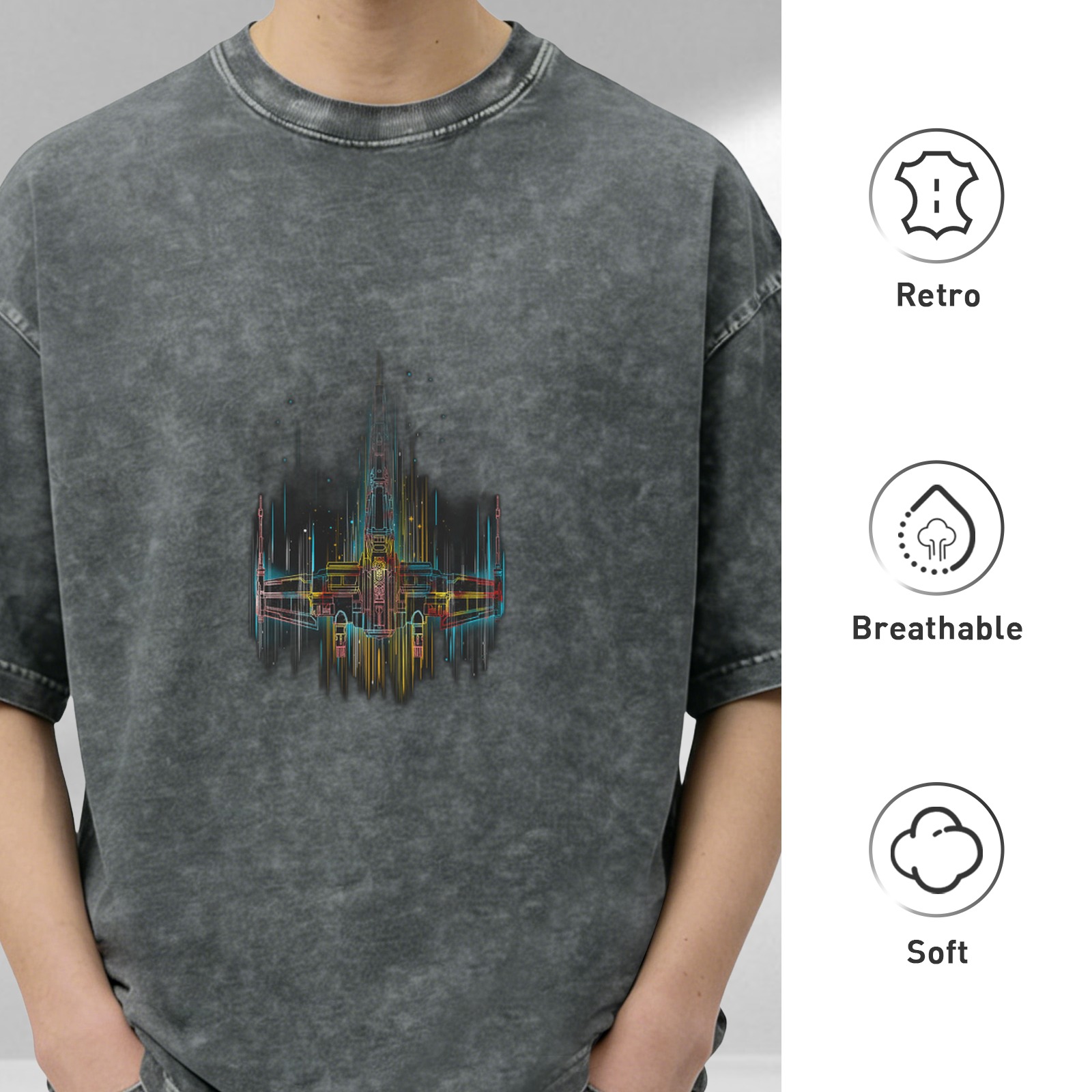Oversized Acid Wash T-Shirt With Neon Spaceship Graphic