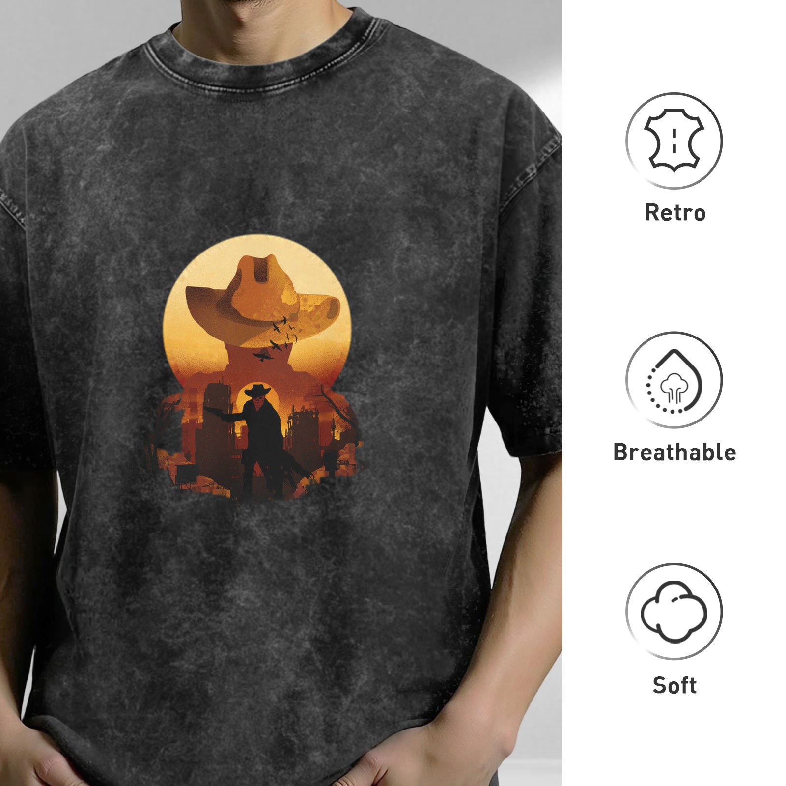 Washed Black Western Cowboy Graphic Short Sleeve T-Shirt
