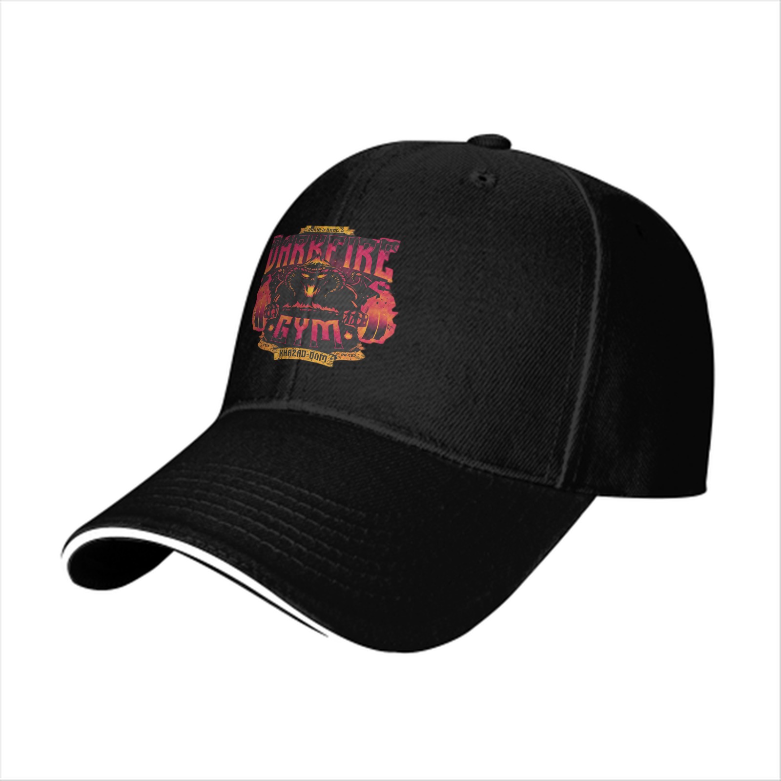 Black baseball cap with Darkfire Gym Khazad-dam graphic print