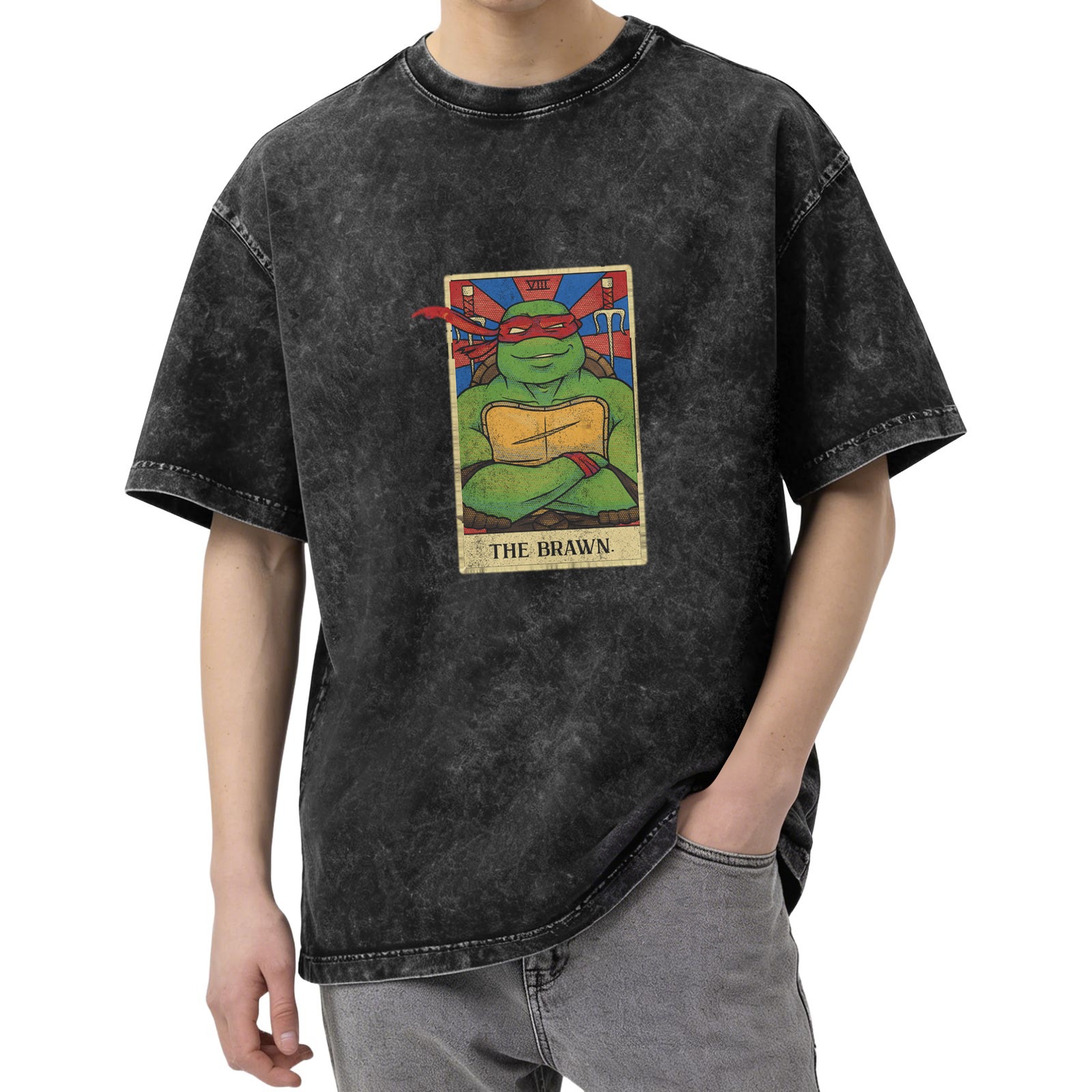 Washed black t-shirt with Teenage Mutant Ninja Turtle tarot print