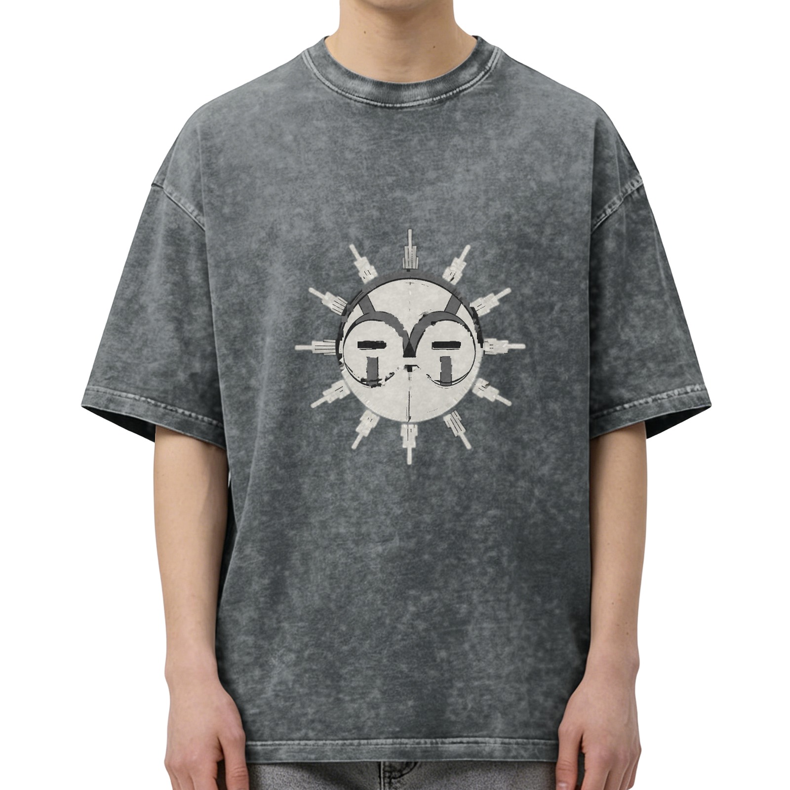 Distressed washed black sun print loose short-sleeved T-shirt