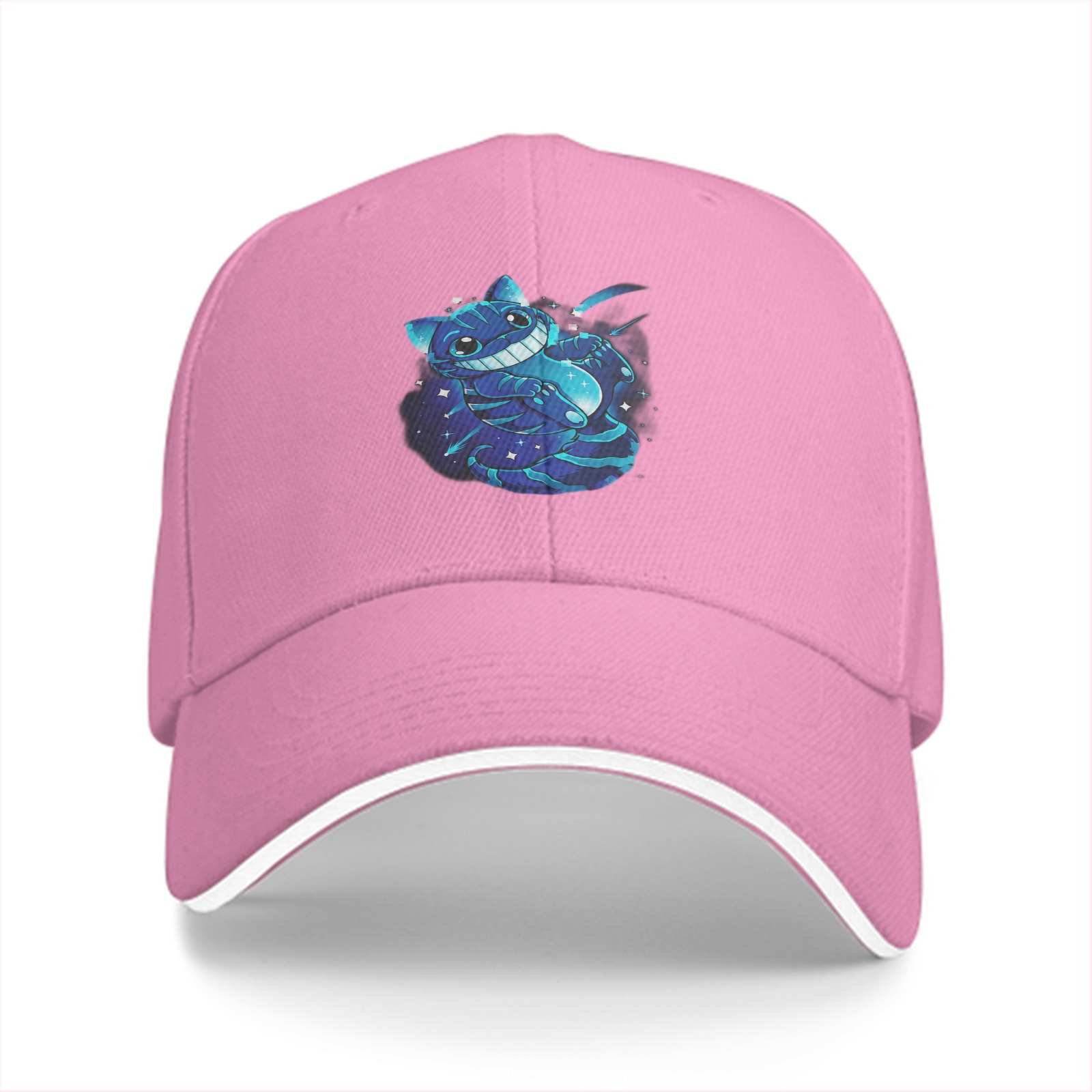 Black baseball cap with glowing Cheshire cat space graphic