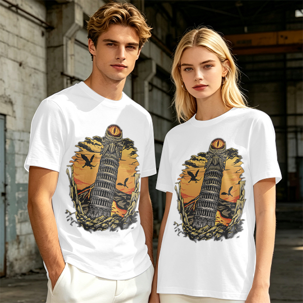 Ominous tower with eye and flying creatures graphic t-shirt
