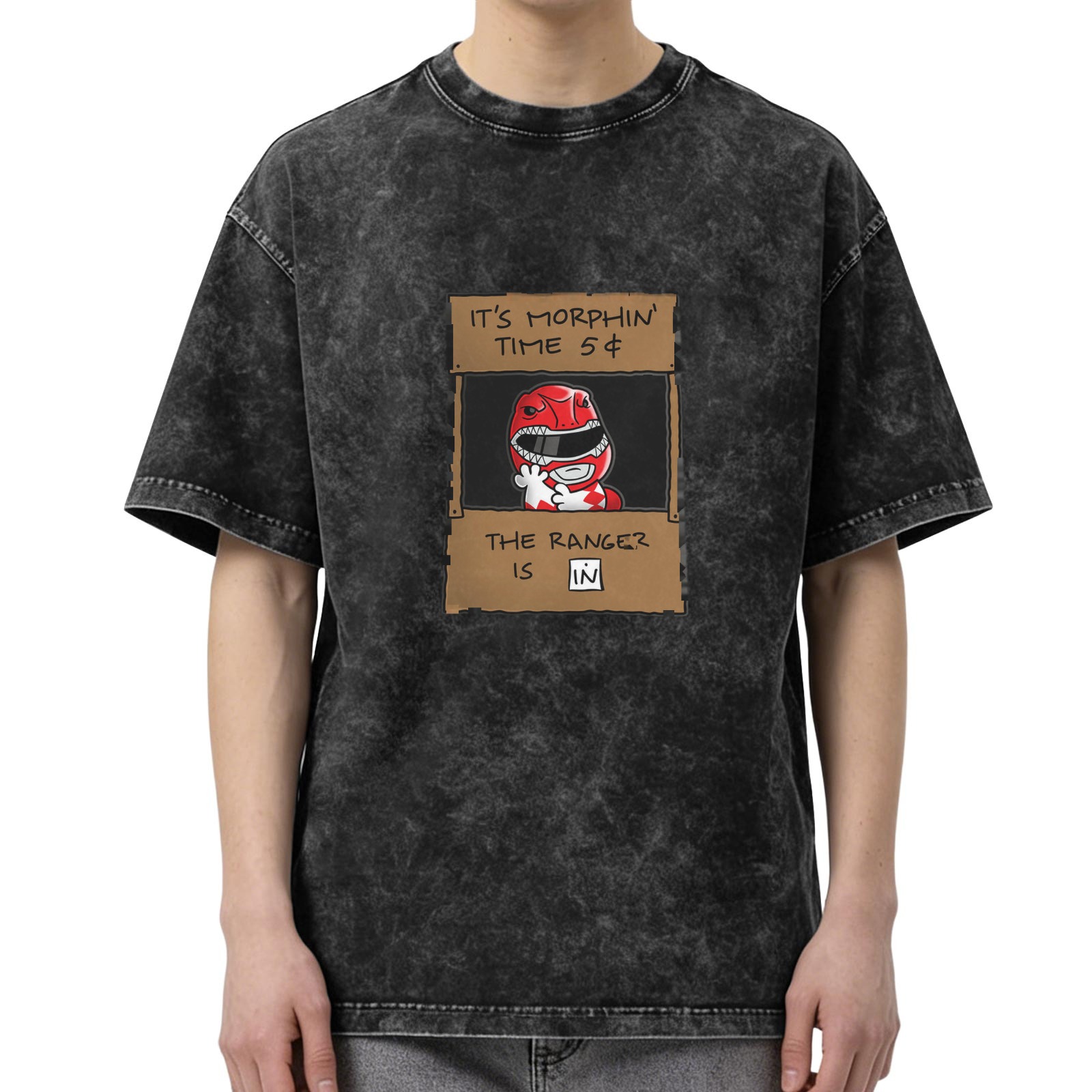 Oversized acid wash t-shirt with Power Rangers 'It's Morphin Time' graphic