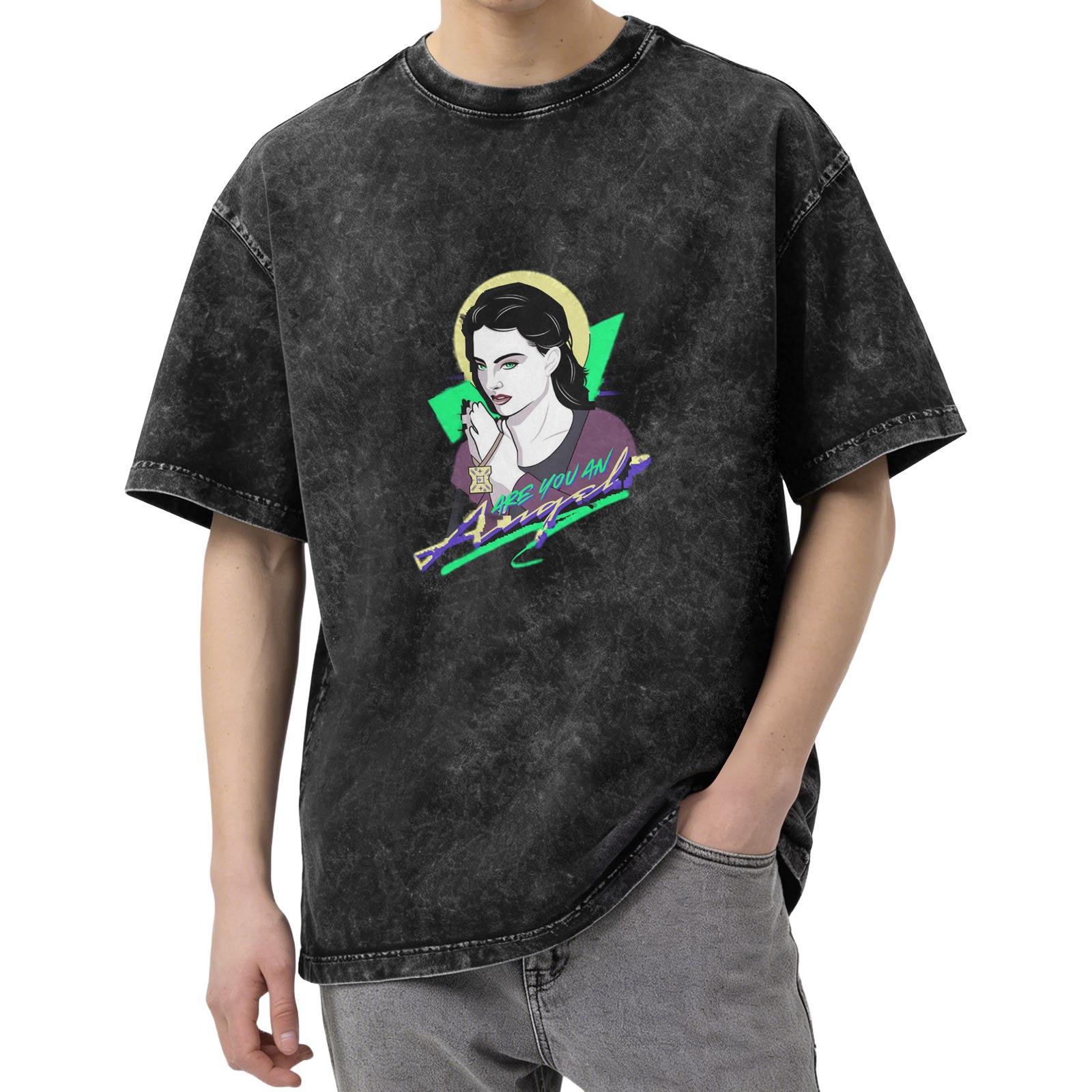 Oversized Dark Wash T-Shirt with Retro Angel Graphic Print