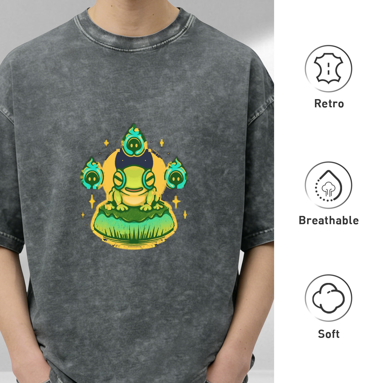 Oversized Acid Wash T-Shirt with Cute Frog and Ghost Flames Graphic