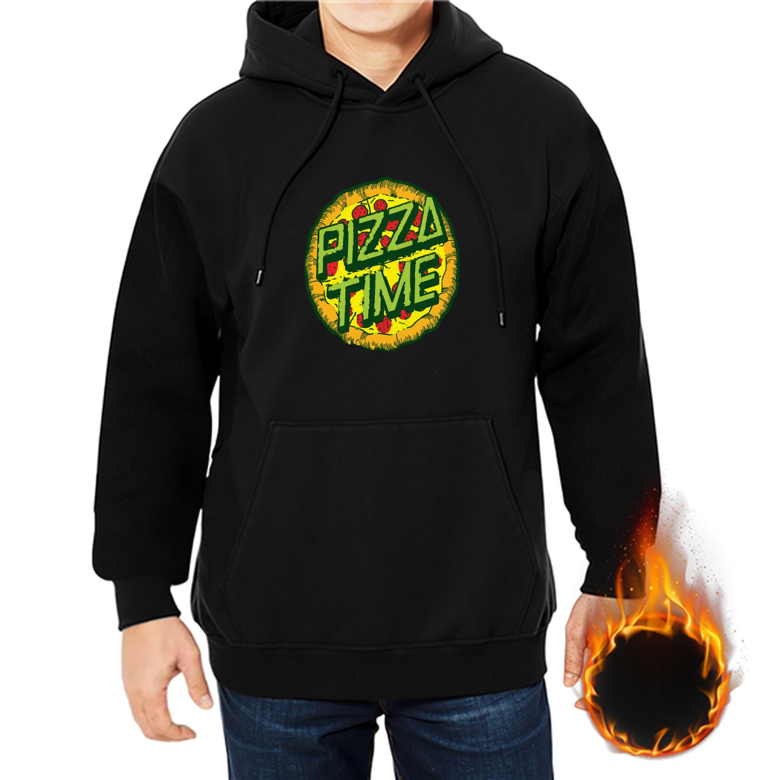 Black Hoodie with Pizza Time Graphic Print