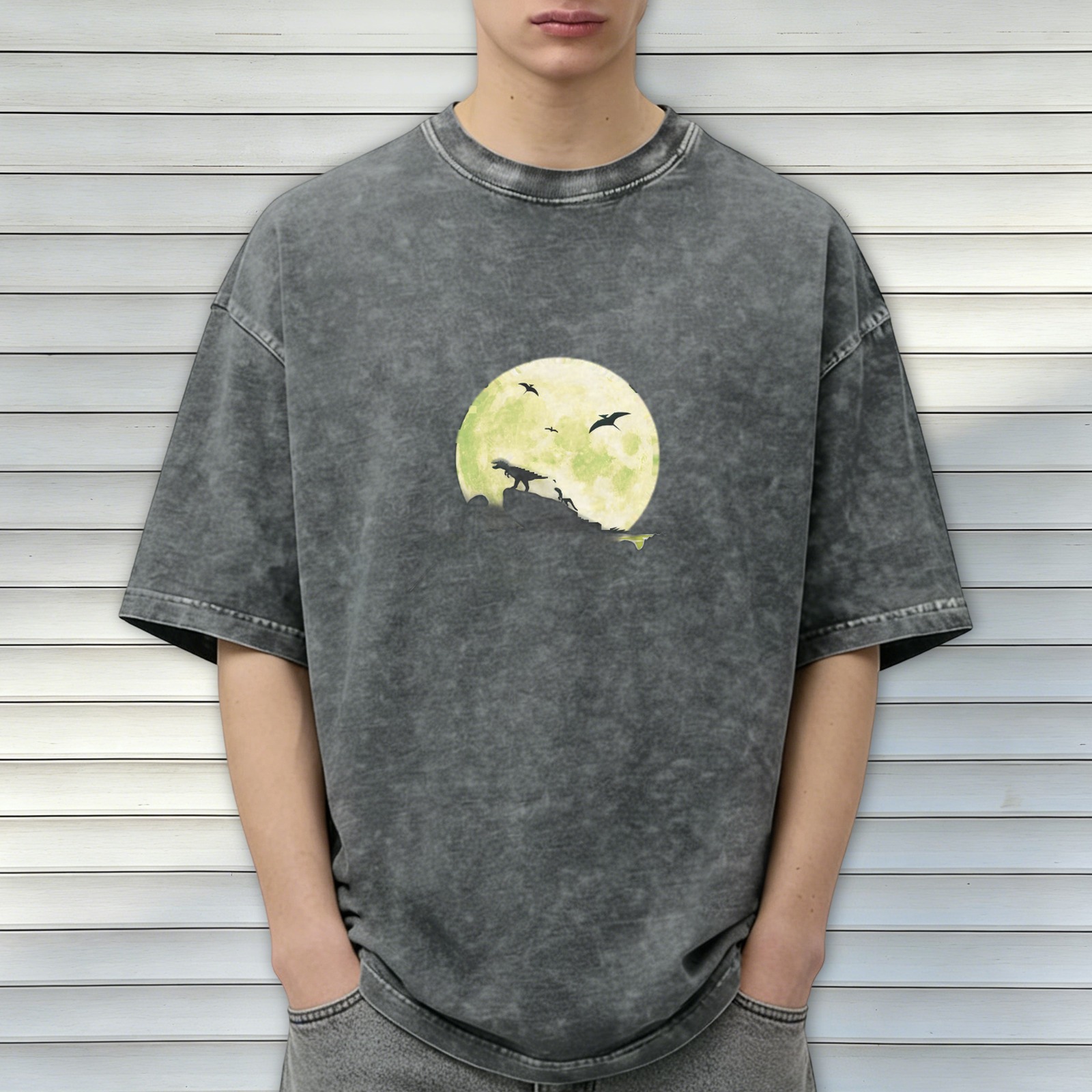 Vintage Acid Wash T-Shirt with Dinosaur Moon Silhouette Graphic