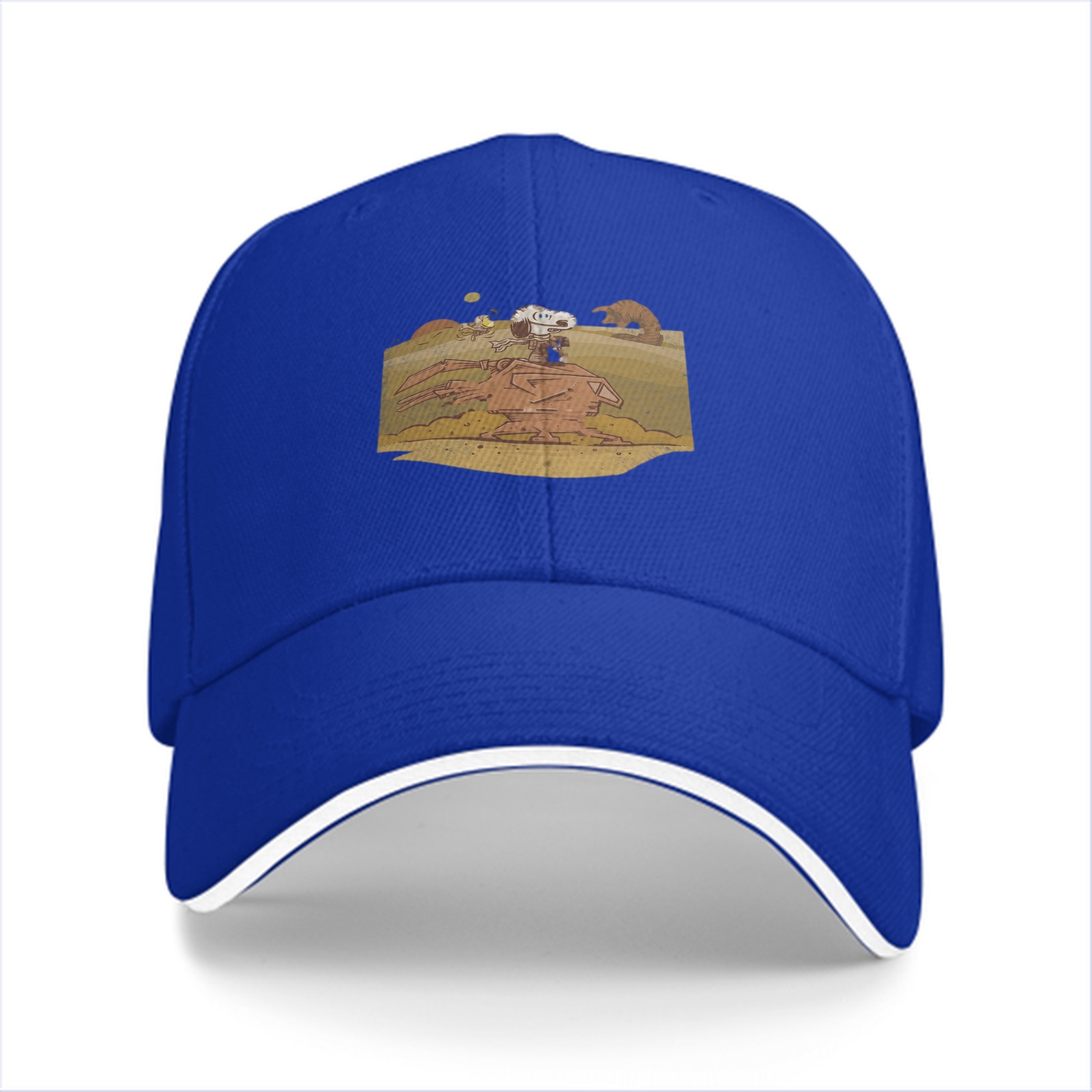 Black baseball cap with Snoopy desert scene graphic print