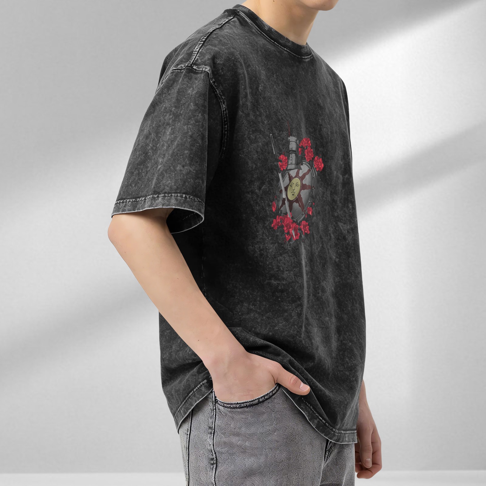 Dark Acid Wash T-Shirt with Knight Shield and Red Roses Graphic