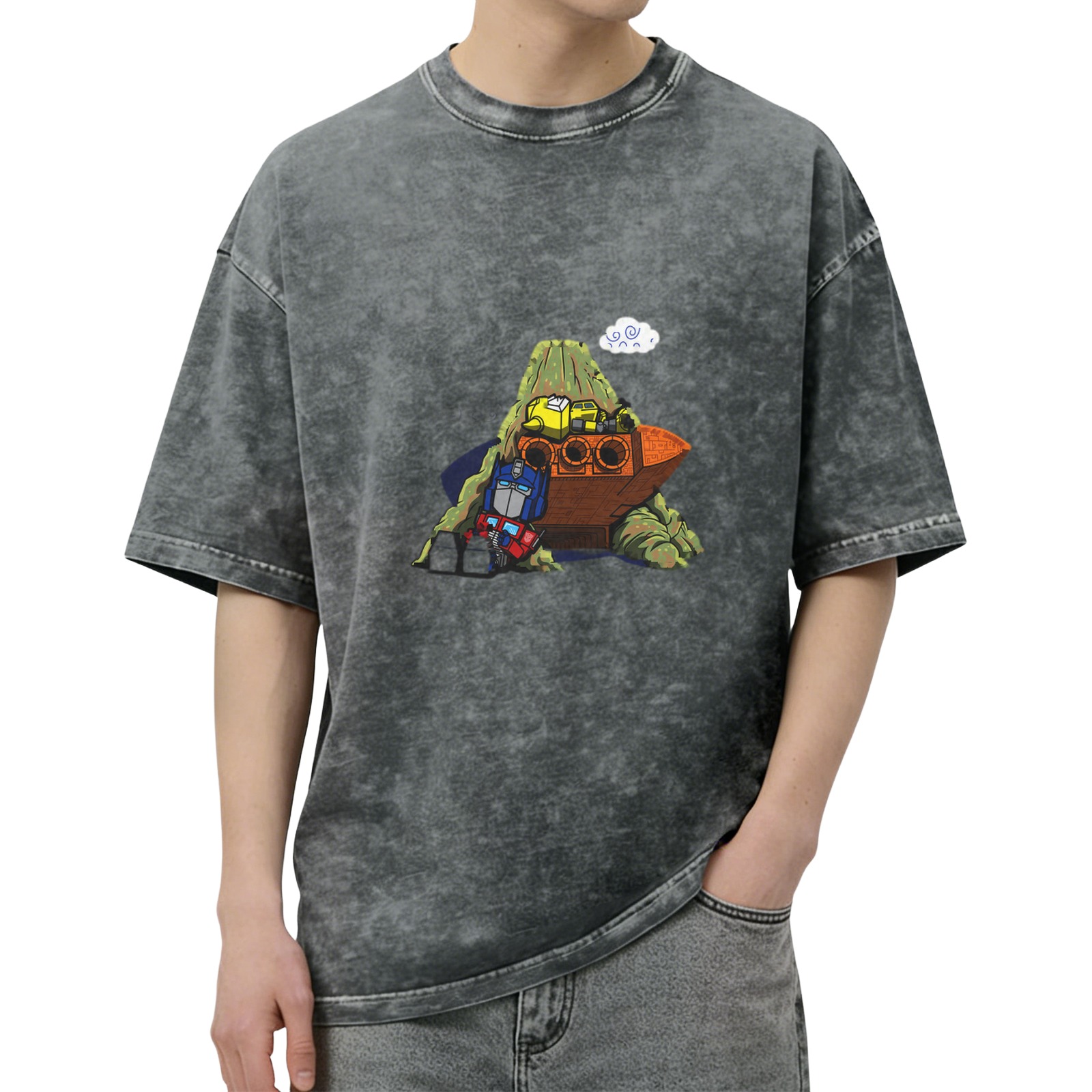 Distressed washed black loose short-sleeved T-shirt Cartoon Transformers printed casual top