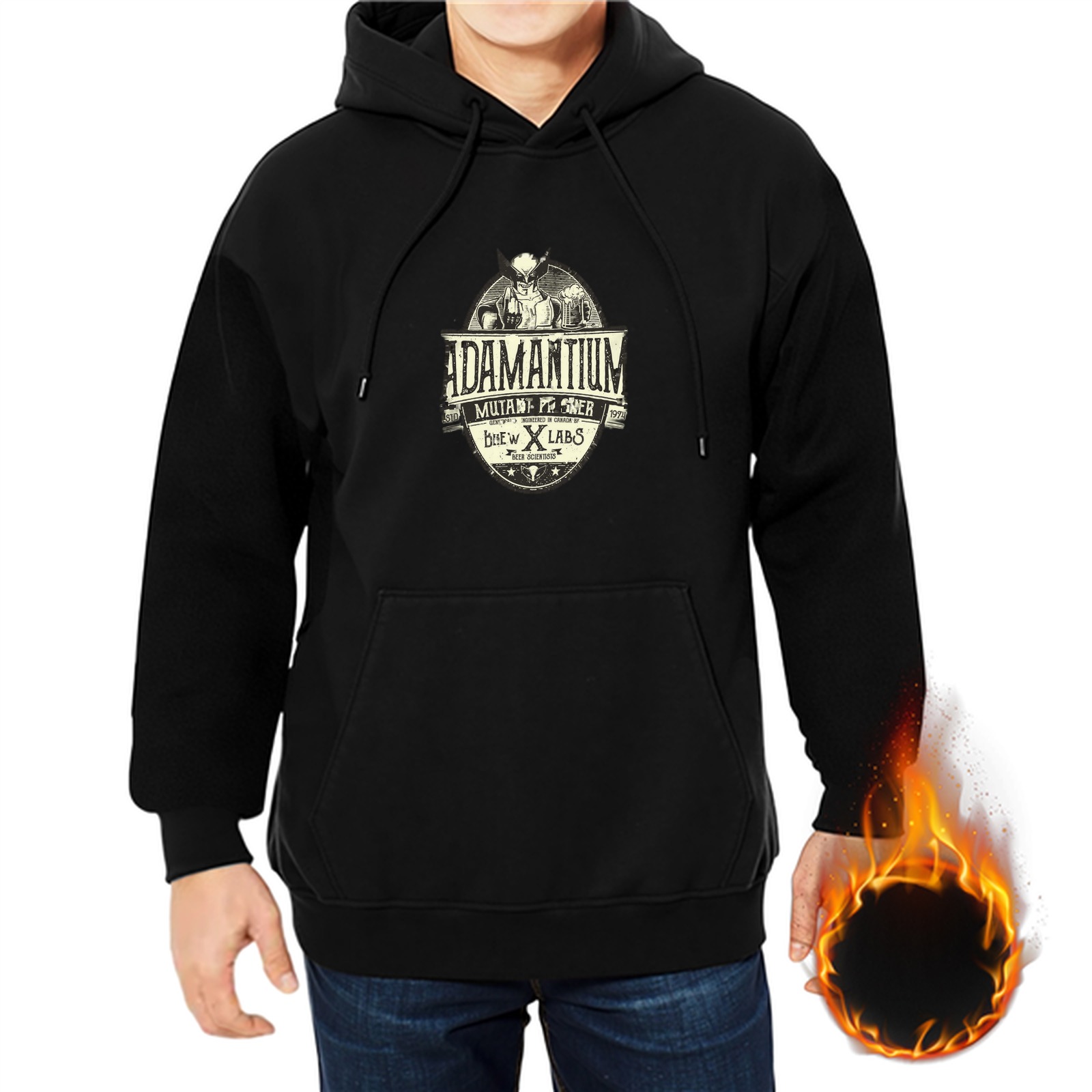 Black hoodie with Adamantium themed graphic print