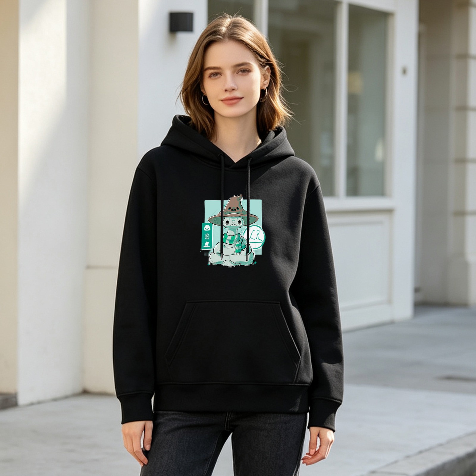 Black hoodie with cute wizard snake graphic design