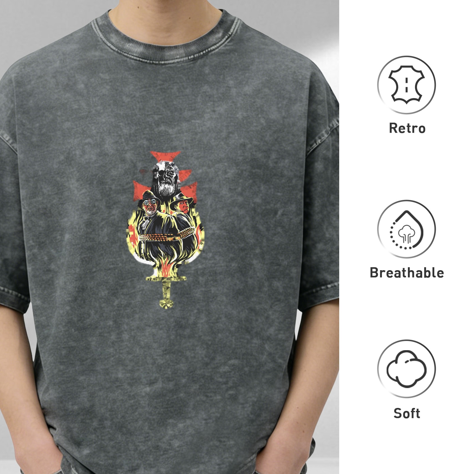 Oversized Acid Wash Graphic T-Shirt With Medieval Cross And Flames Print