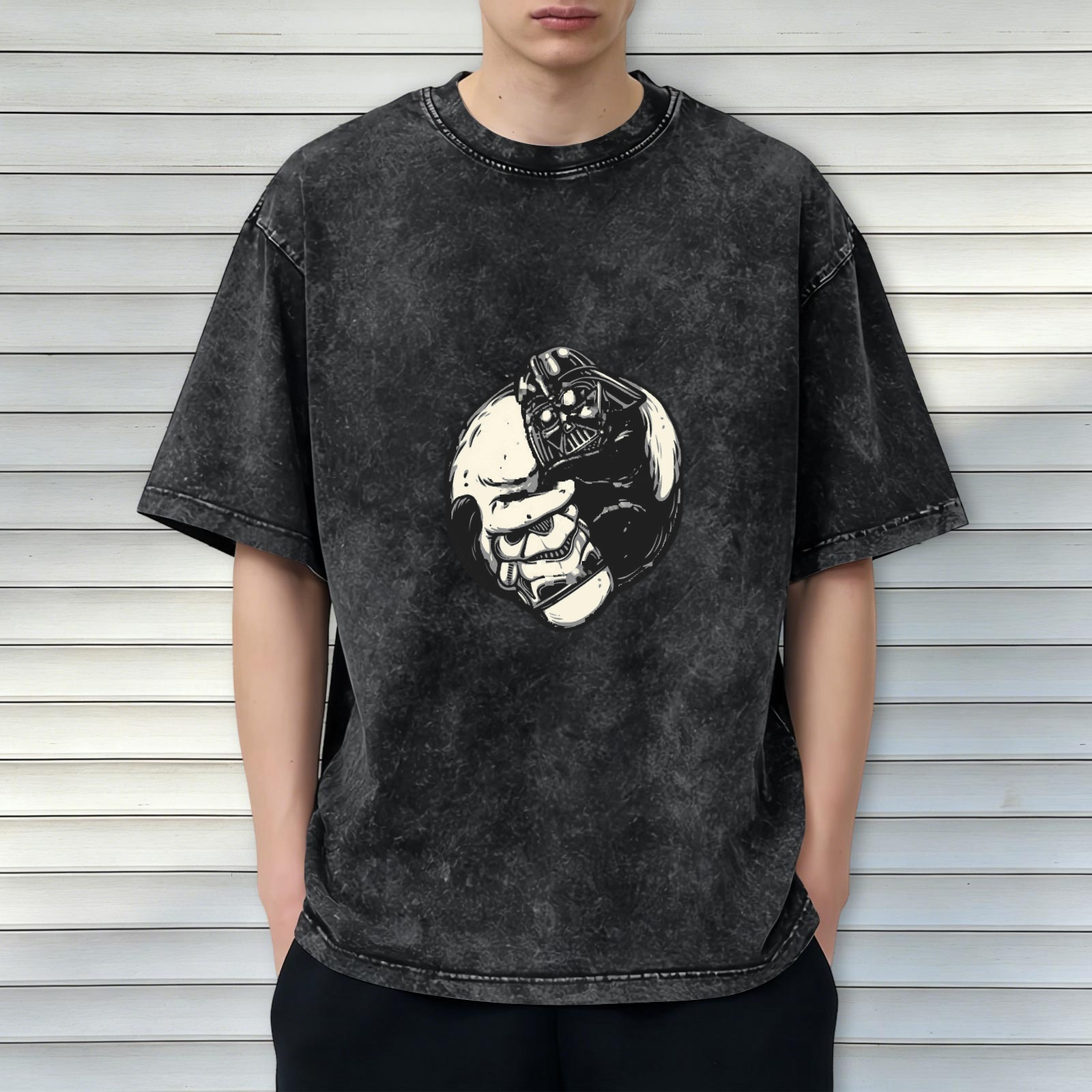 Washed Black Oversized T-Shirt with Split Darth Vader Skull Graphic