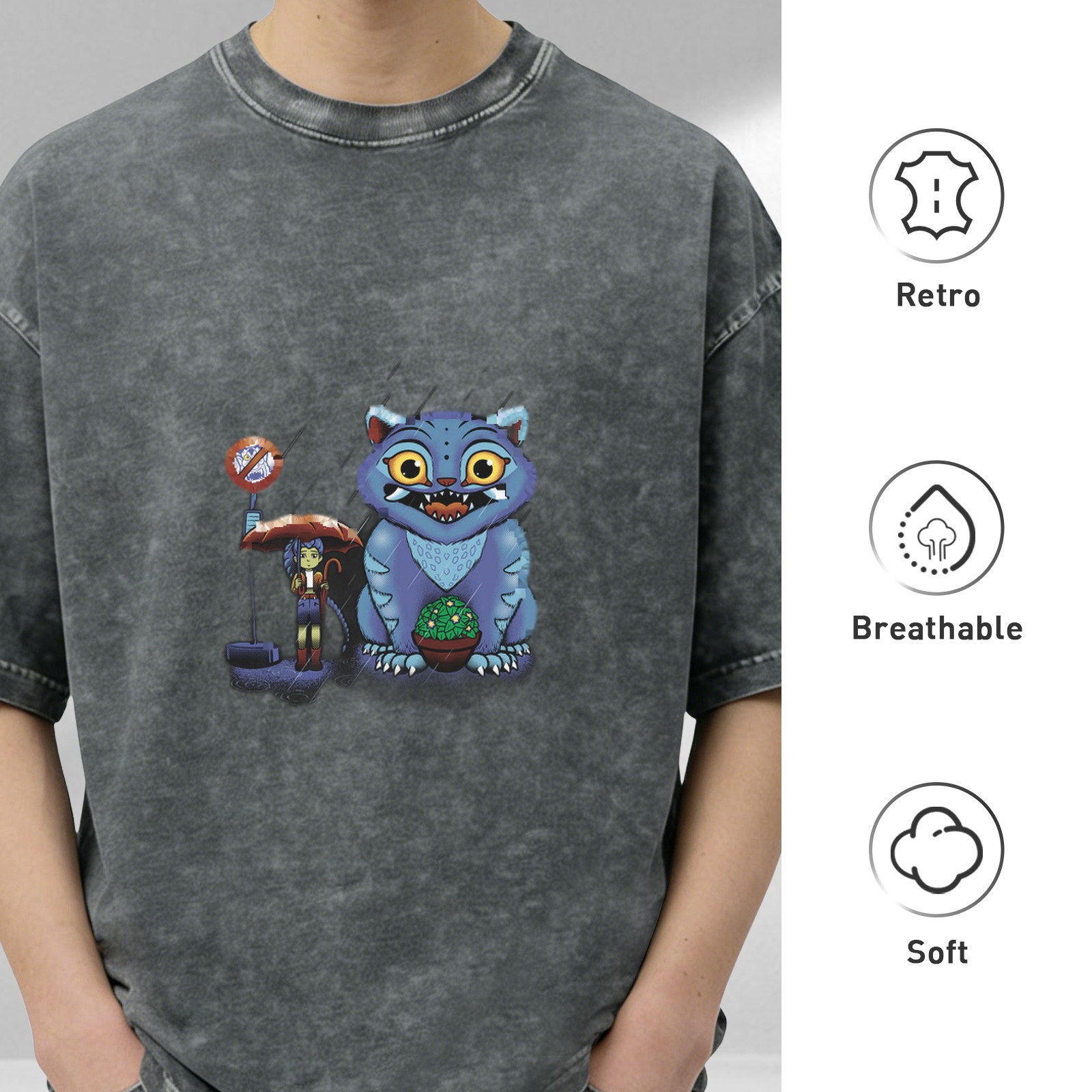 Distressed black loose short-sleeved T-shirt Cartoon blue cat monster print design Personalized trendy casual top
