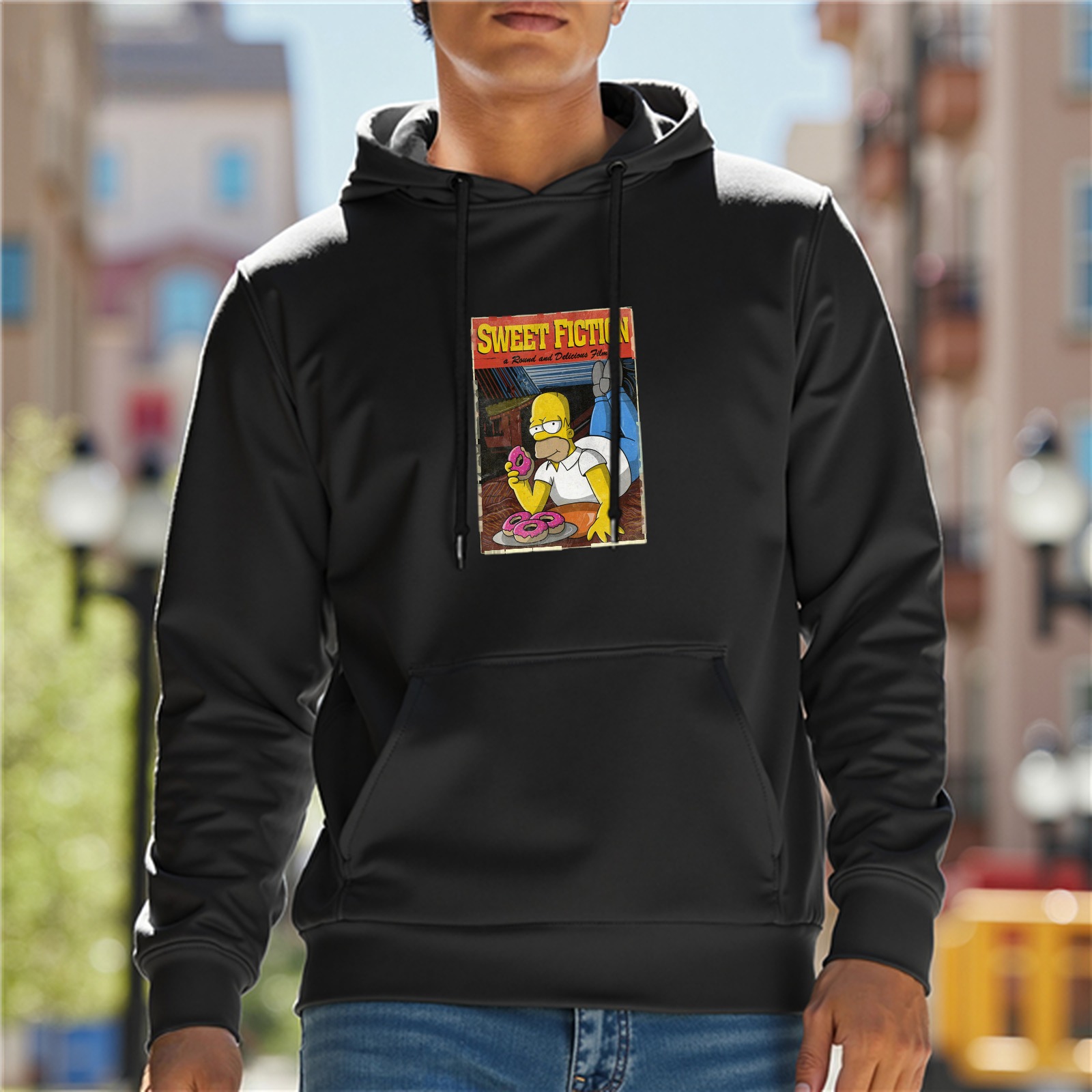 Black hoodie with Homer Simpson Sweet Fiction donut graphic