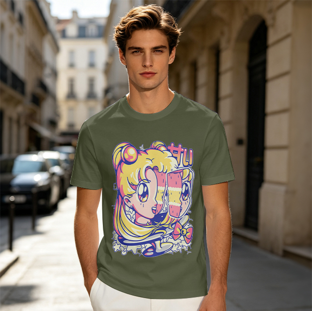 Olive T-Shirt With Glitch Anime Girl Graphic Print