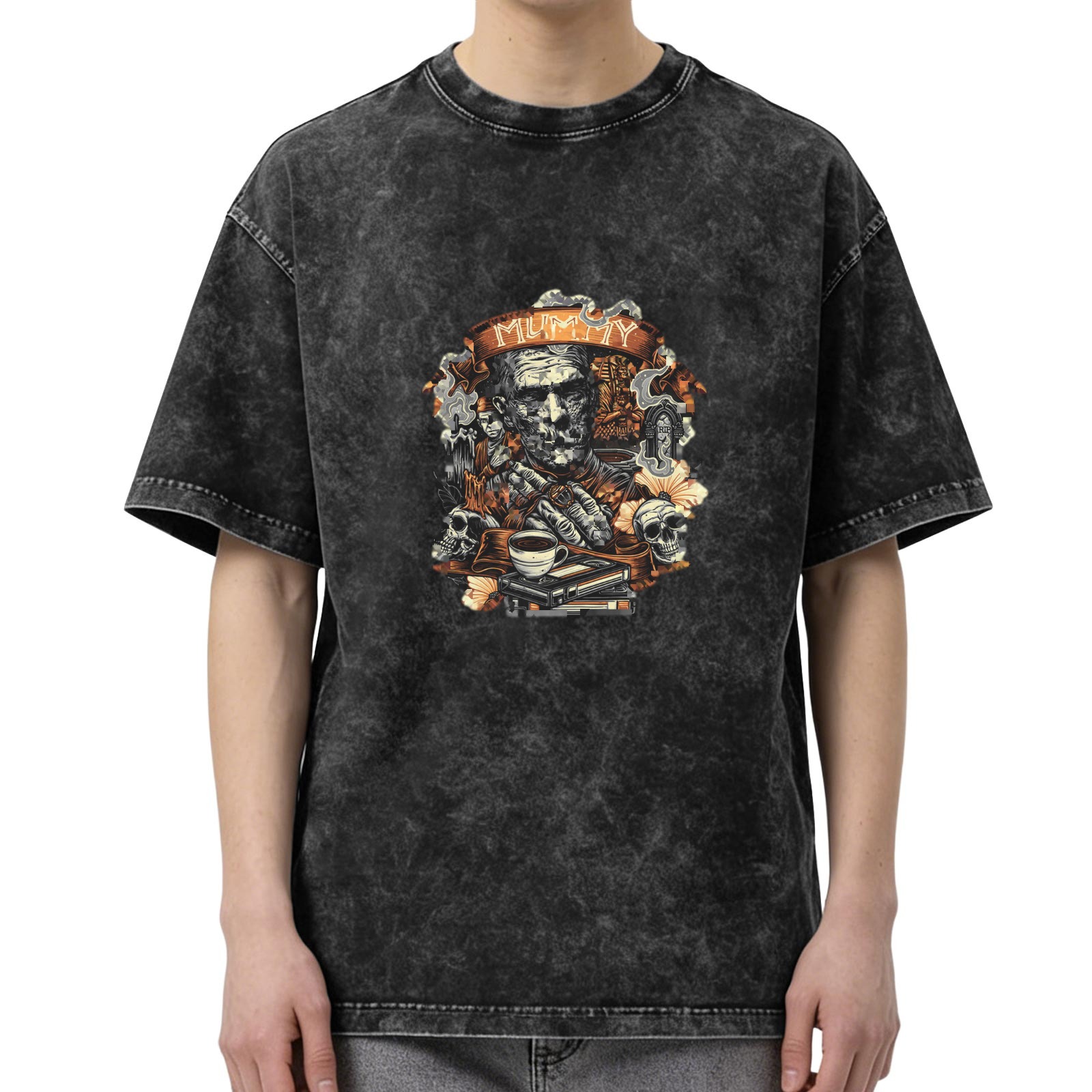 Washed Black Mummy Graphic T-Shirt with Skulls and Coffee Design