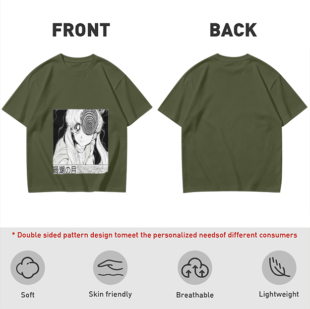 Olive anime graphic t-shirt with spiral eye design