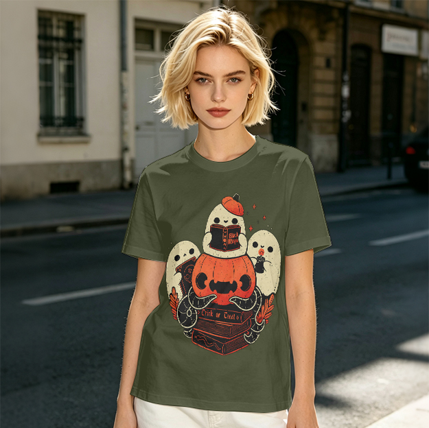 Olive Halloween Ghosts Jack-o'-Lantern Graphic T-Shirt