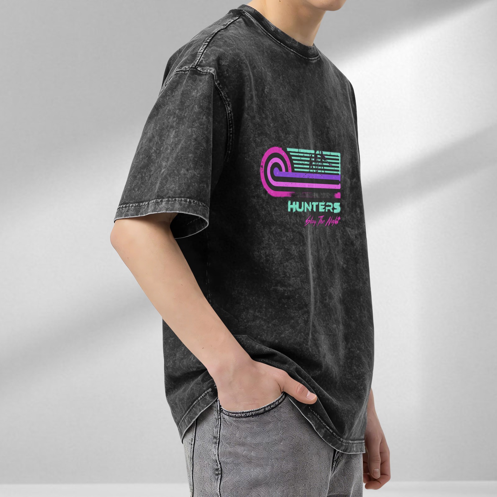 Washed Black T-Shirt with Retro Hunters Slay The Night Graphic